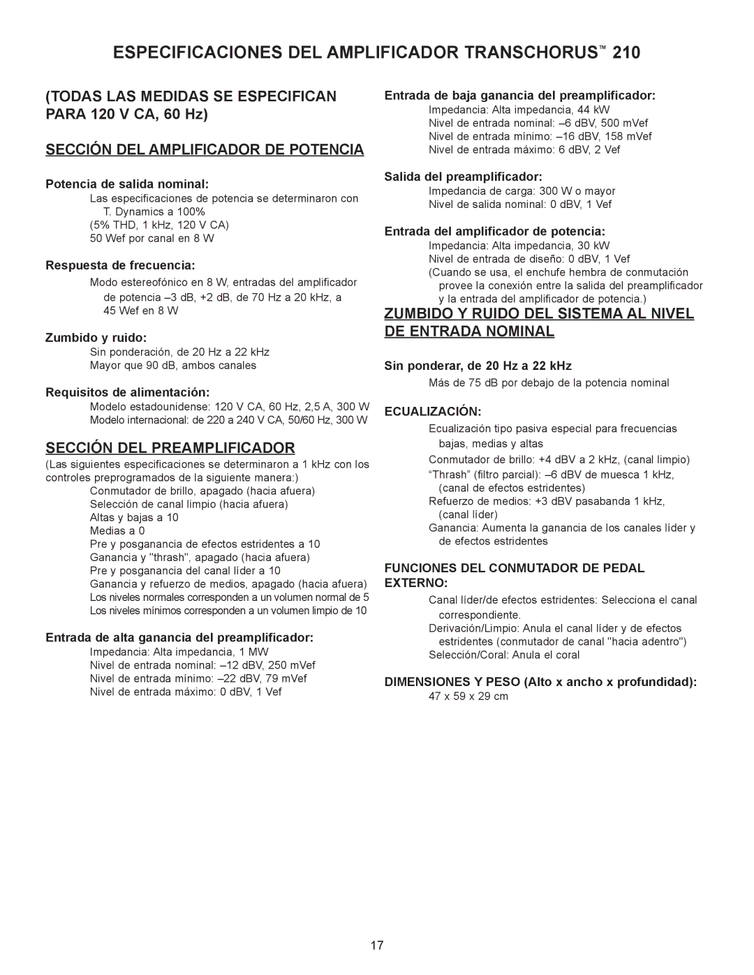 Peavey TransChorus 210 manual Especificaciones DEL Amplificador TRANSCHORUSª, SECCIîN DEL Preamplificador 