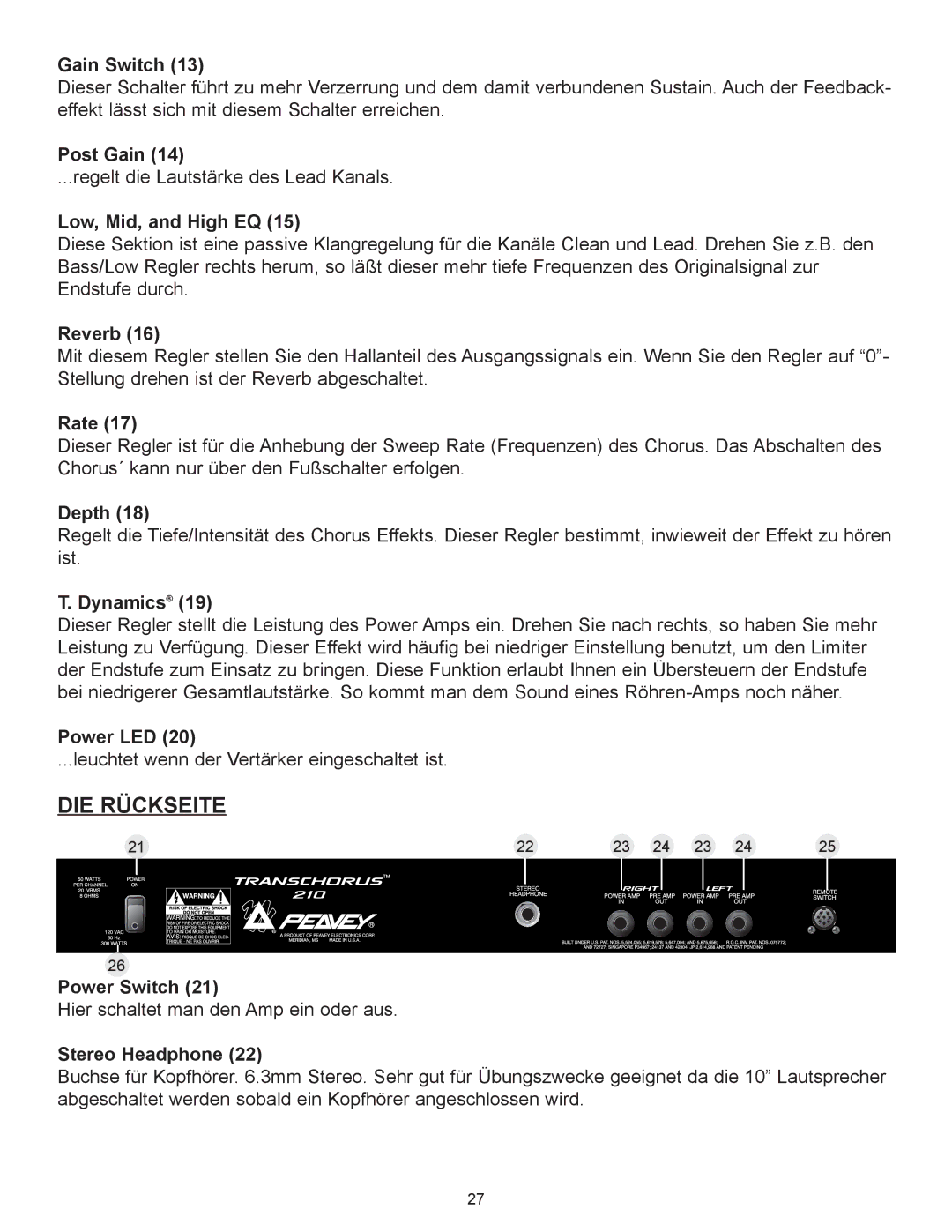Peavey TransChorus 210 manual Die R†Ckseite, Reverb 