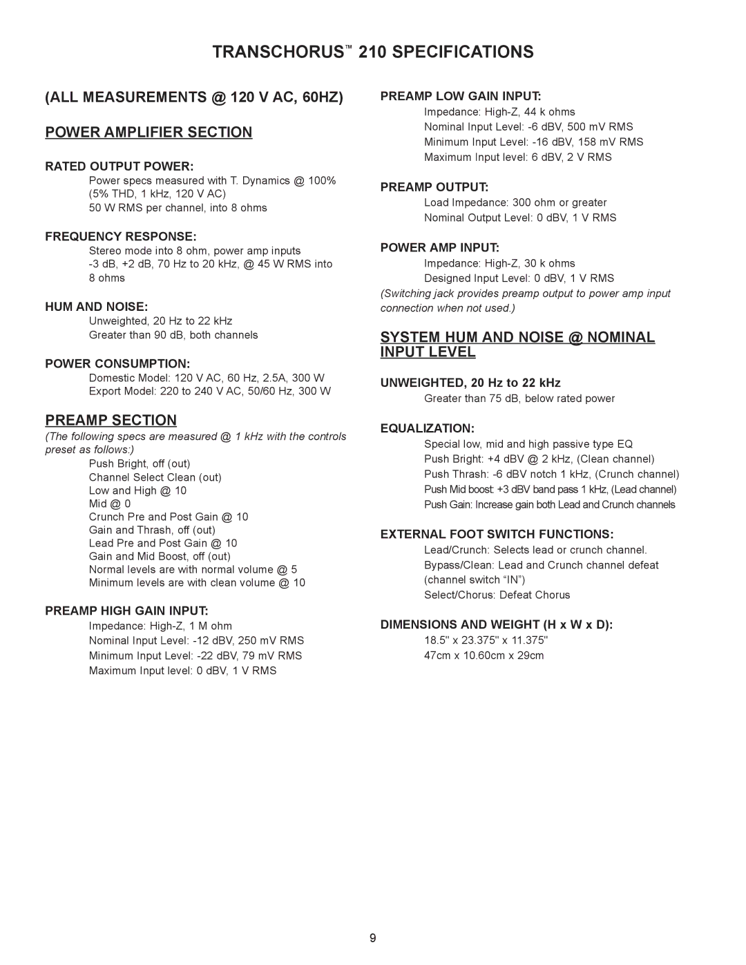 Peavey TransChorus 210 manual TRANSCHORUSª 210 Specifications, ALL Measurements @ 120 V AC, 60HZ Power Amplifier Section 