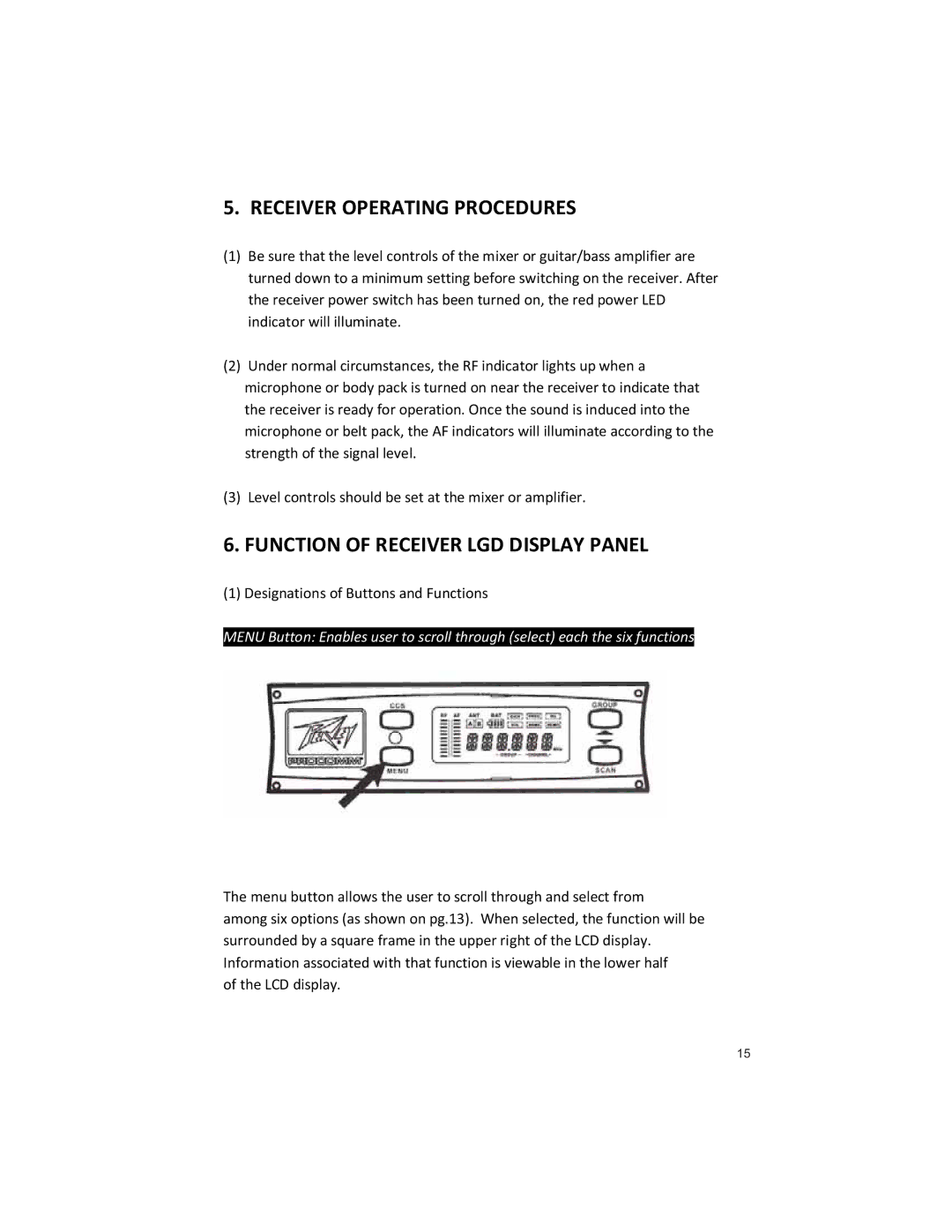 Peavey U1002 manual Receiver Operating Procedures, Function of Receiver LGD Display Panel 