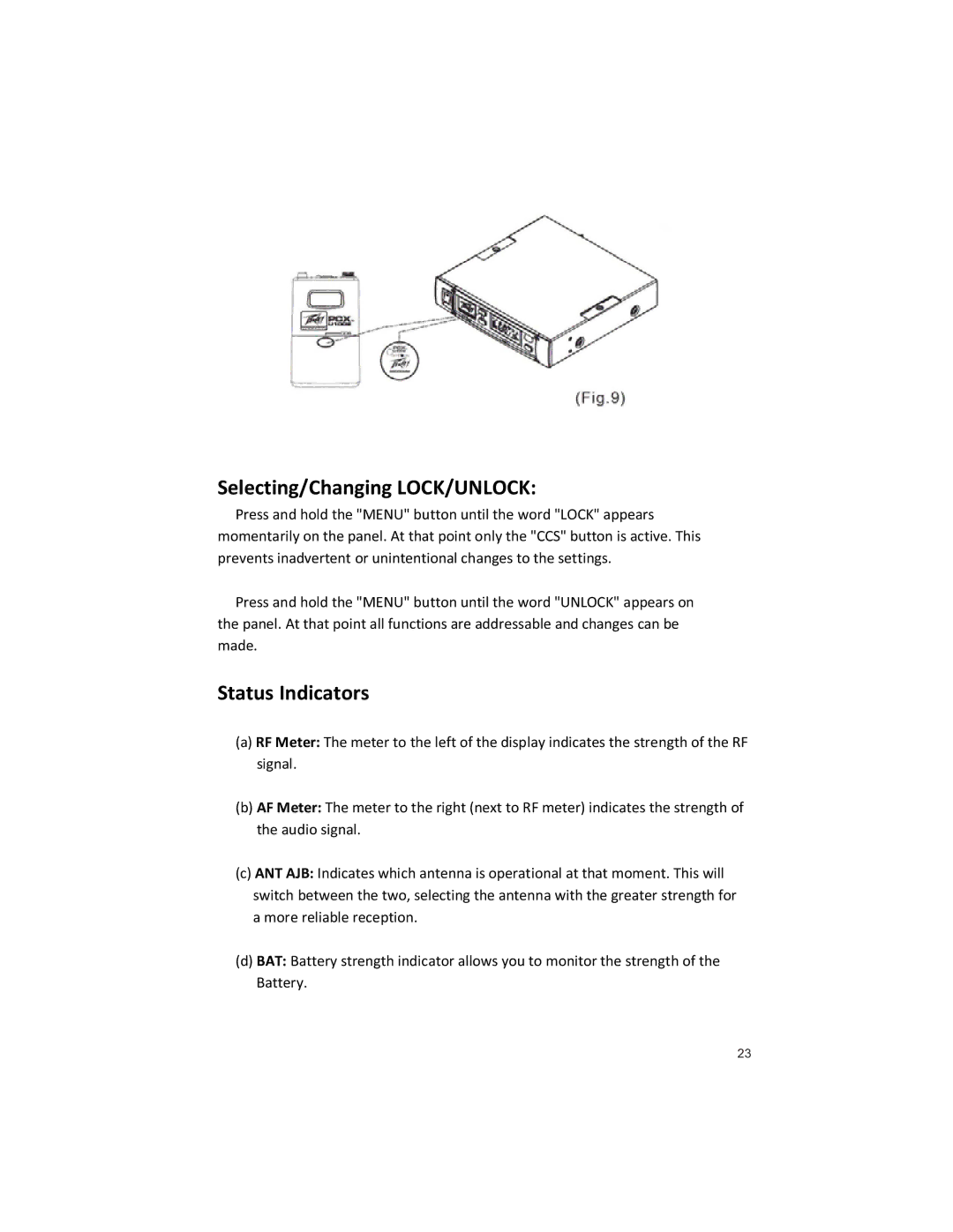 Peavey U1002 manual Selecting/Changing LOCK/UNLOCK, Status Indicators 