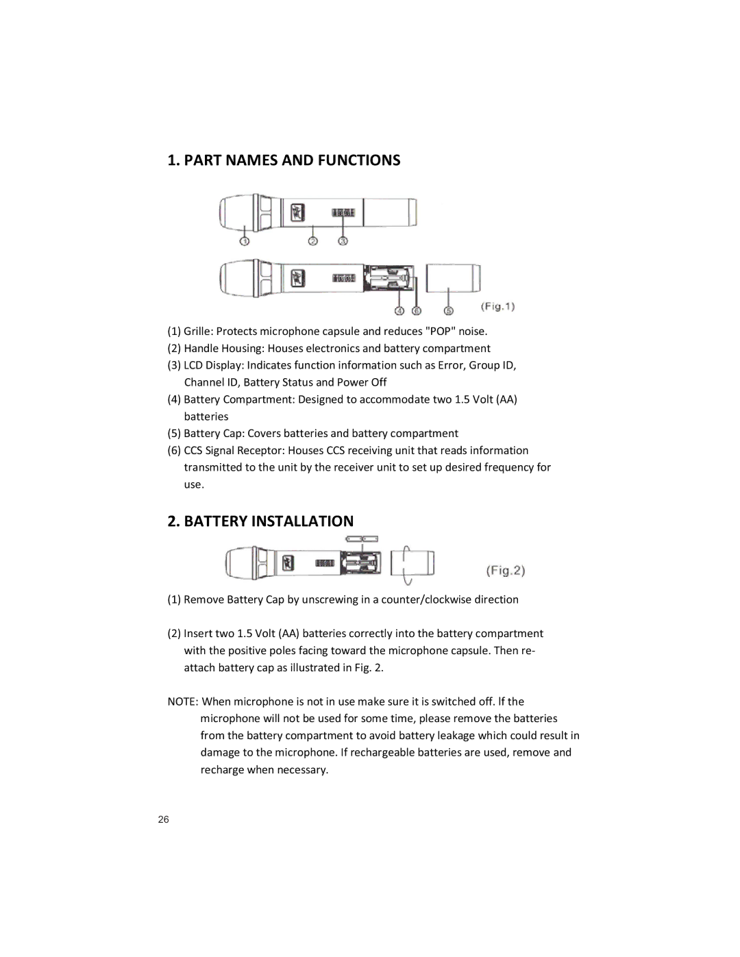 Peavey U1002 manual Part Names and Functions, Battery Installation 