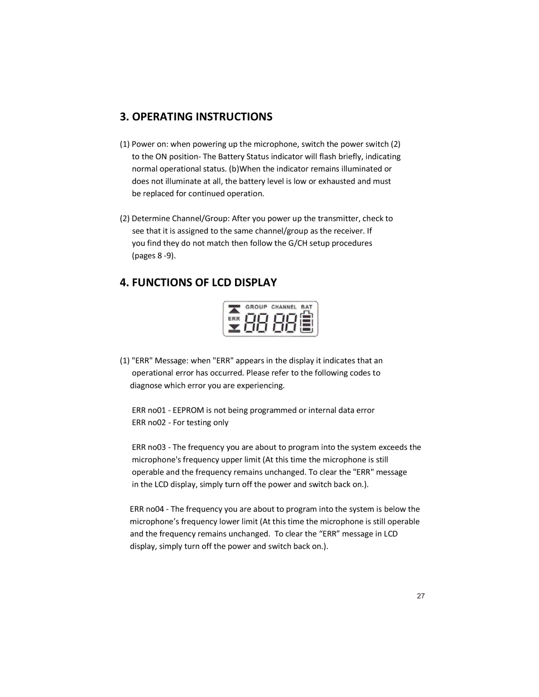 Peavey U1002 manual Operating Instructions, Functions of LCD Display 