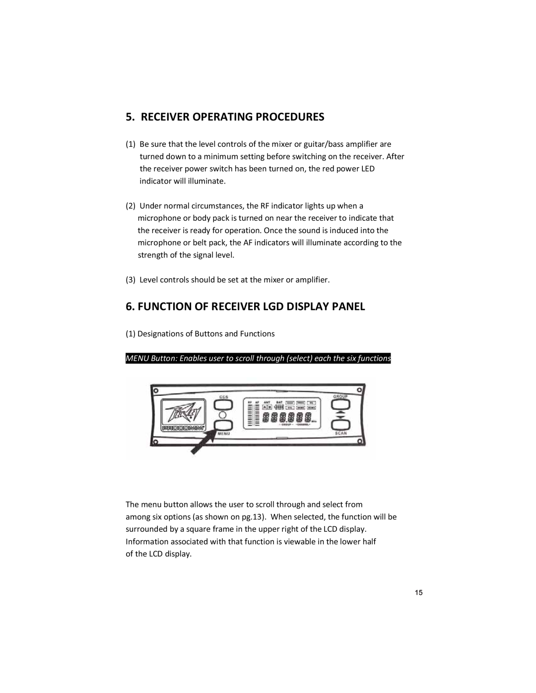 Peavey U1002 manual Receiver Operating Procedures, Function Of Receiver Lgd Display Panel 