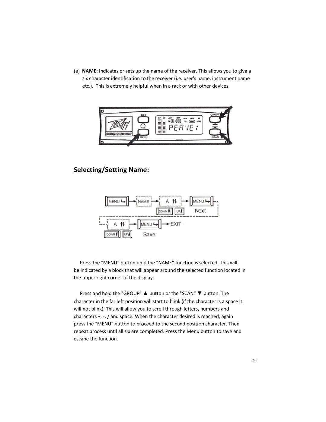 Peavey U1002 manual Selecting/Setting Name 