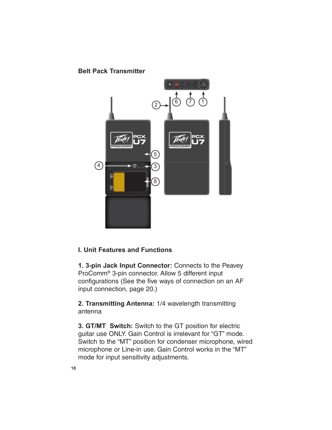 Peavey U7 manual Belt Pack Transmitter, I. Unit Features and Functions 