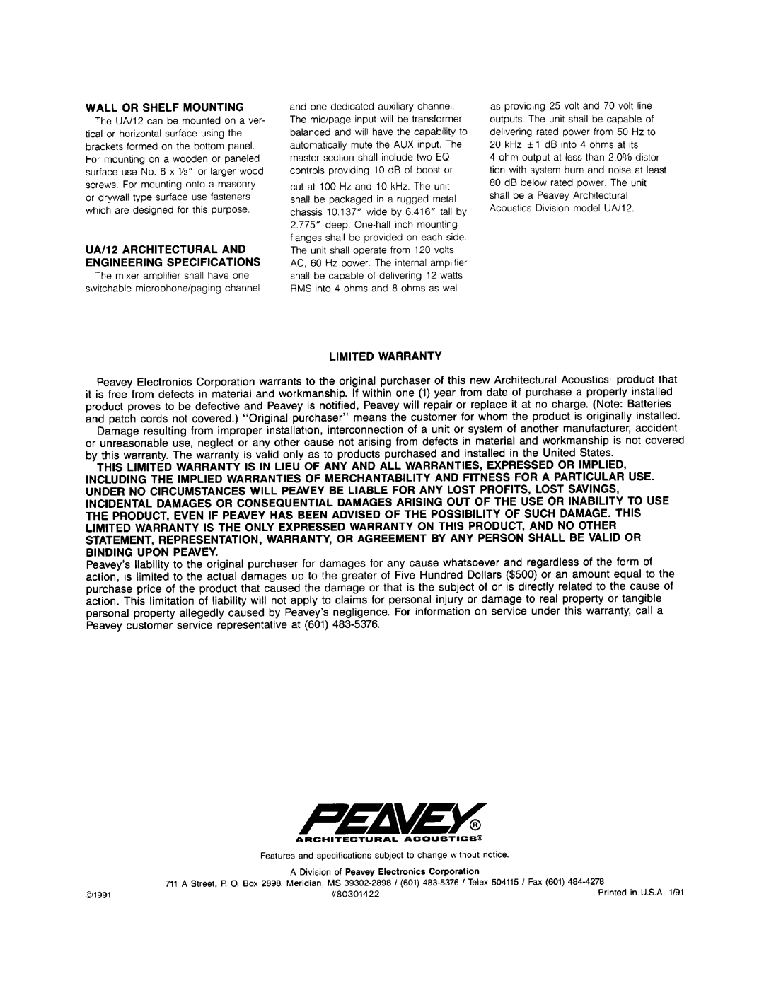 Peavey UA / 12 manual 