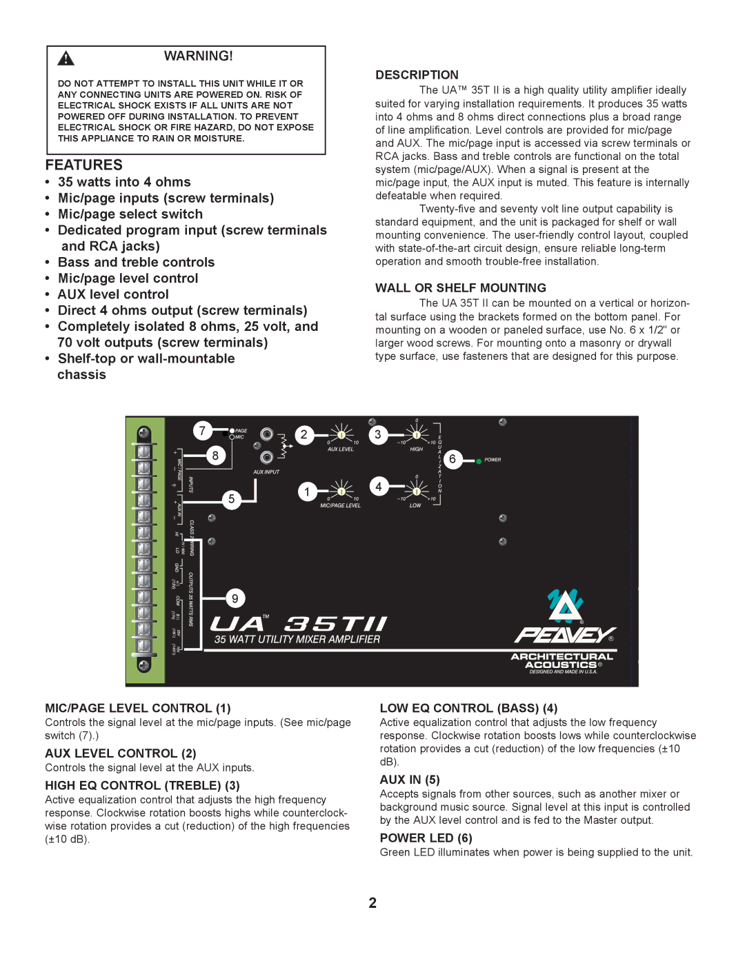 Peavey UA 35T II Description, Wall or Shelf Mounting, MIC/PAGE Level Control, AUX Level Control, LOW EQ Control Bass 