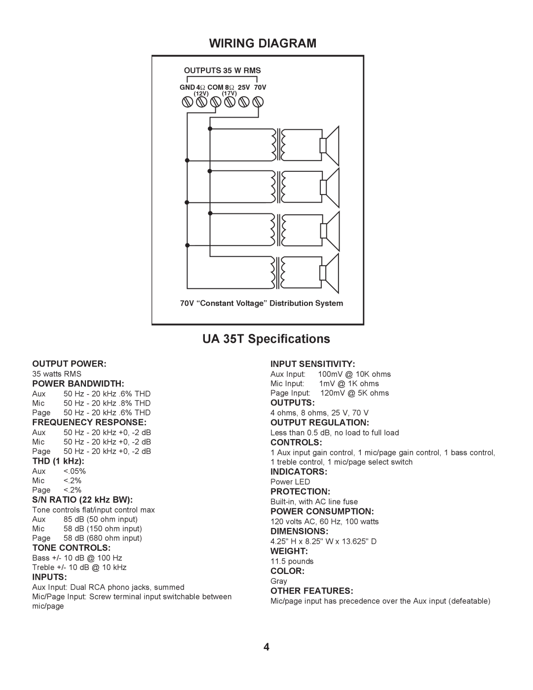 Peavey UA 35T II Wiring Diagram, UA 35T Specifications, OUTPUTS 35 W RMS, 70V ÒConstant VoltageÓ Distribution System 