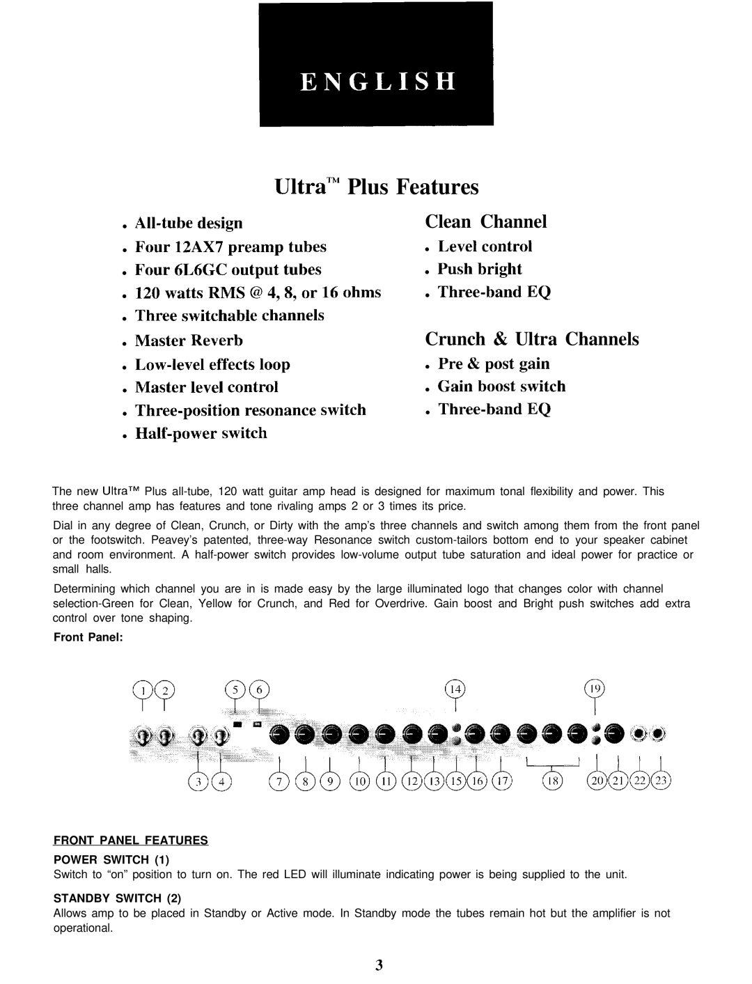 Peavey Ultra Plus manual Front Panel Features Power Switch, Standby Switch 