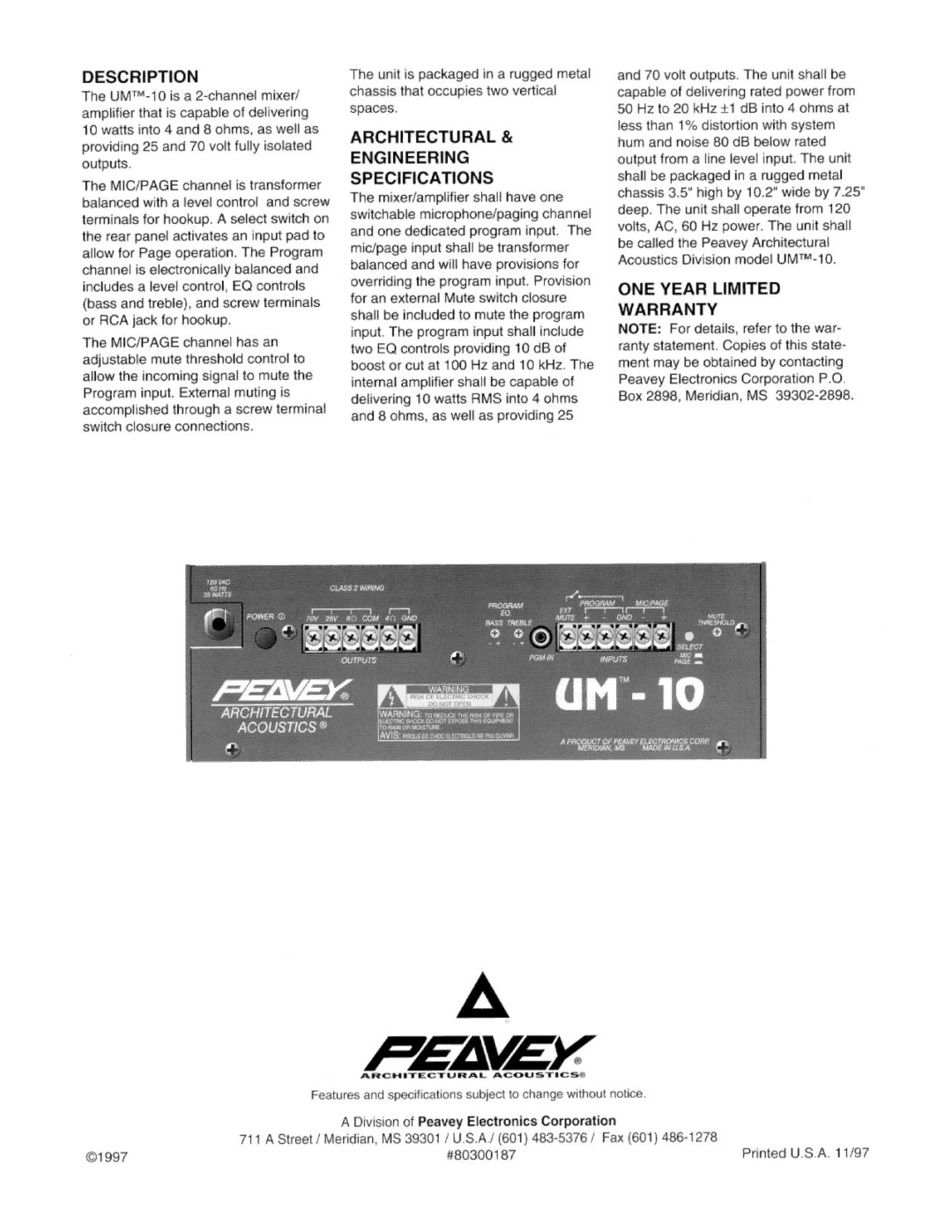 Peavey UM-10 manual 