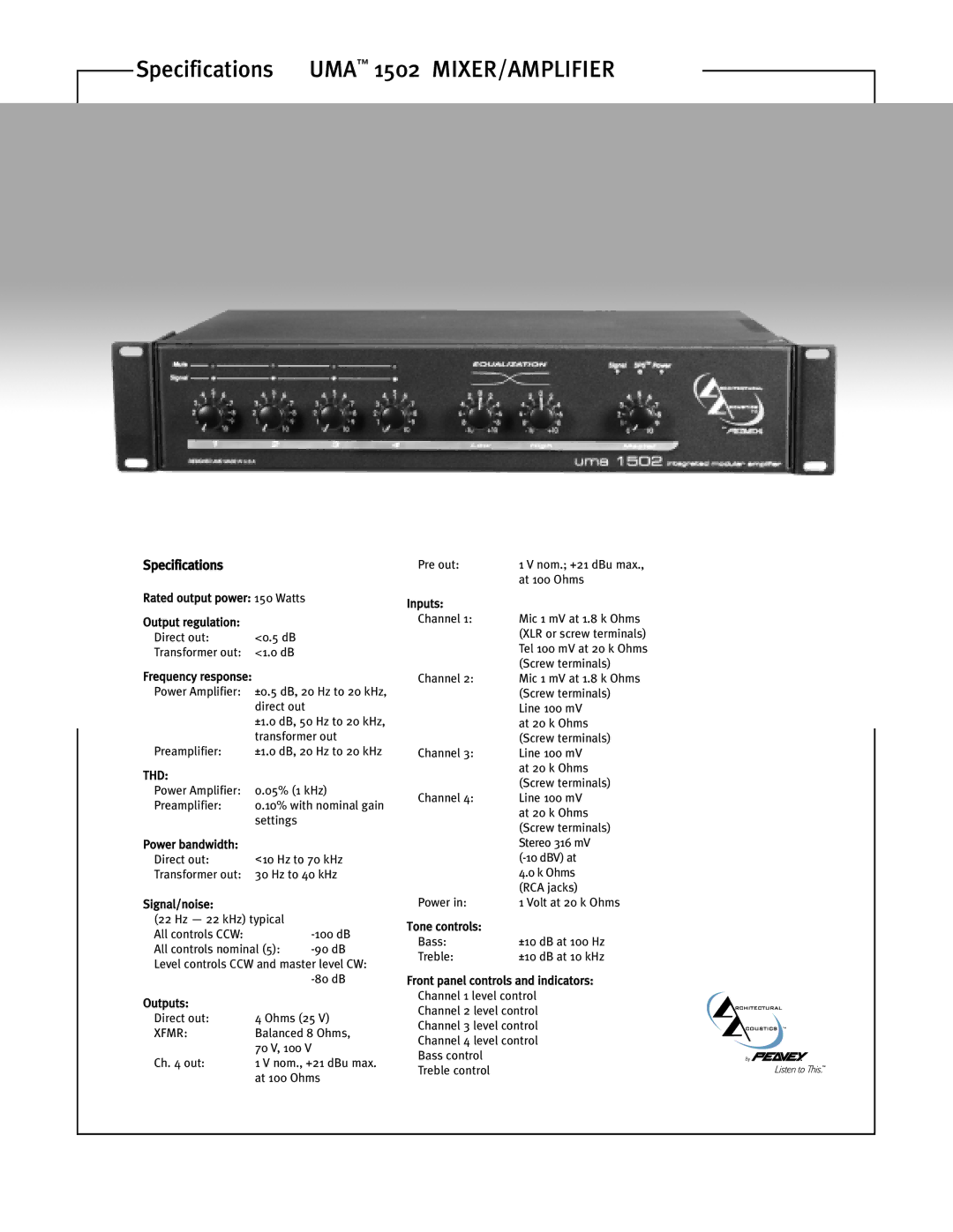 Peavey UMA 1502 specifications Thd, Xfmr 