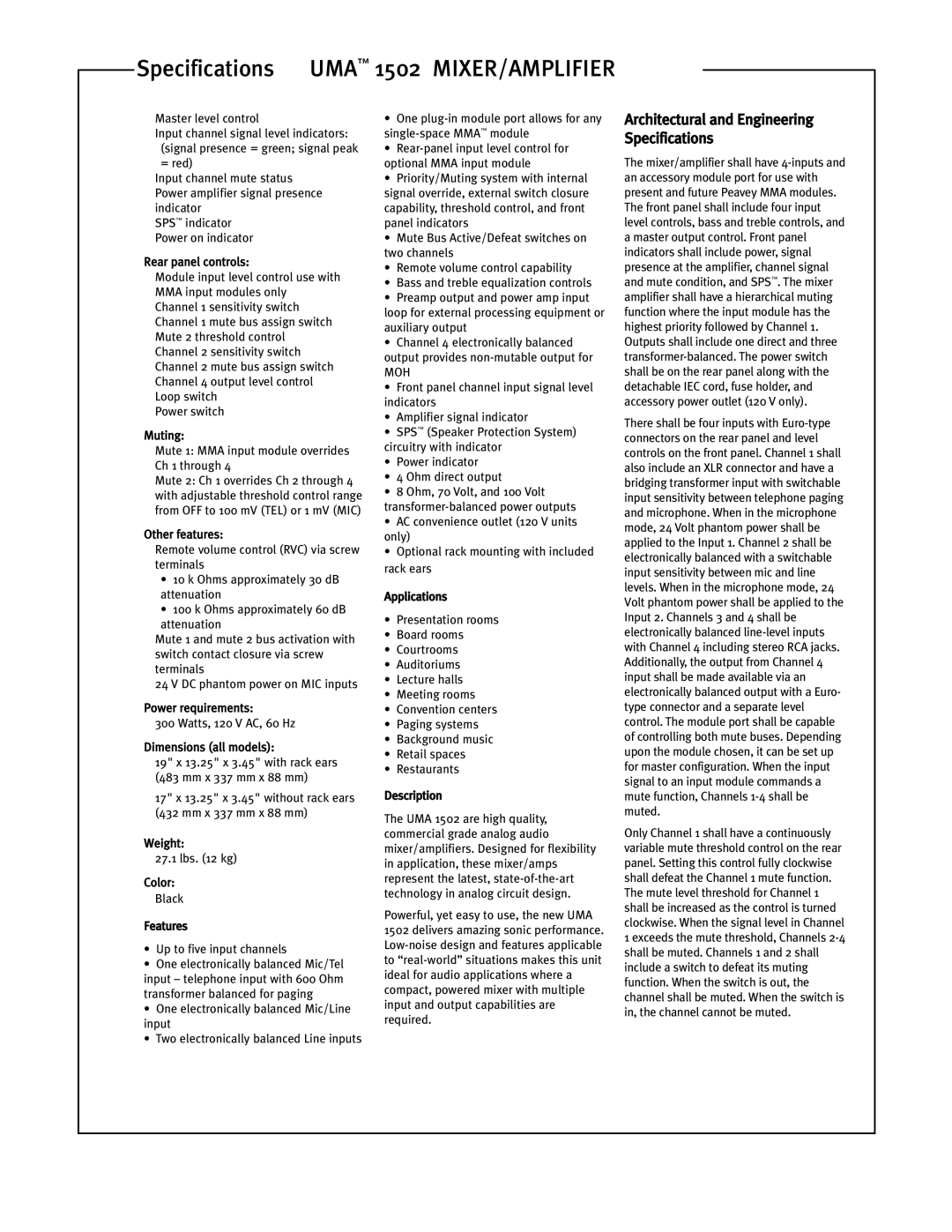 Peavey UMA 1502 specifications Architectural and Engineering Specifications, Moh 