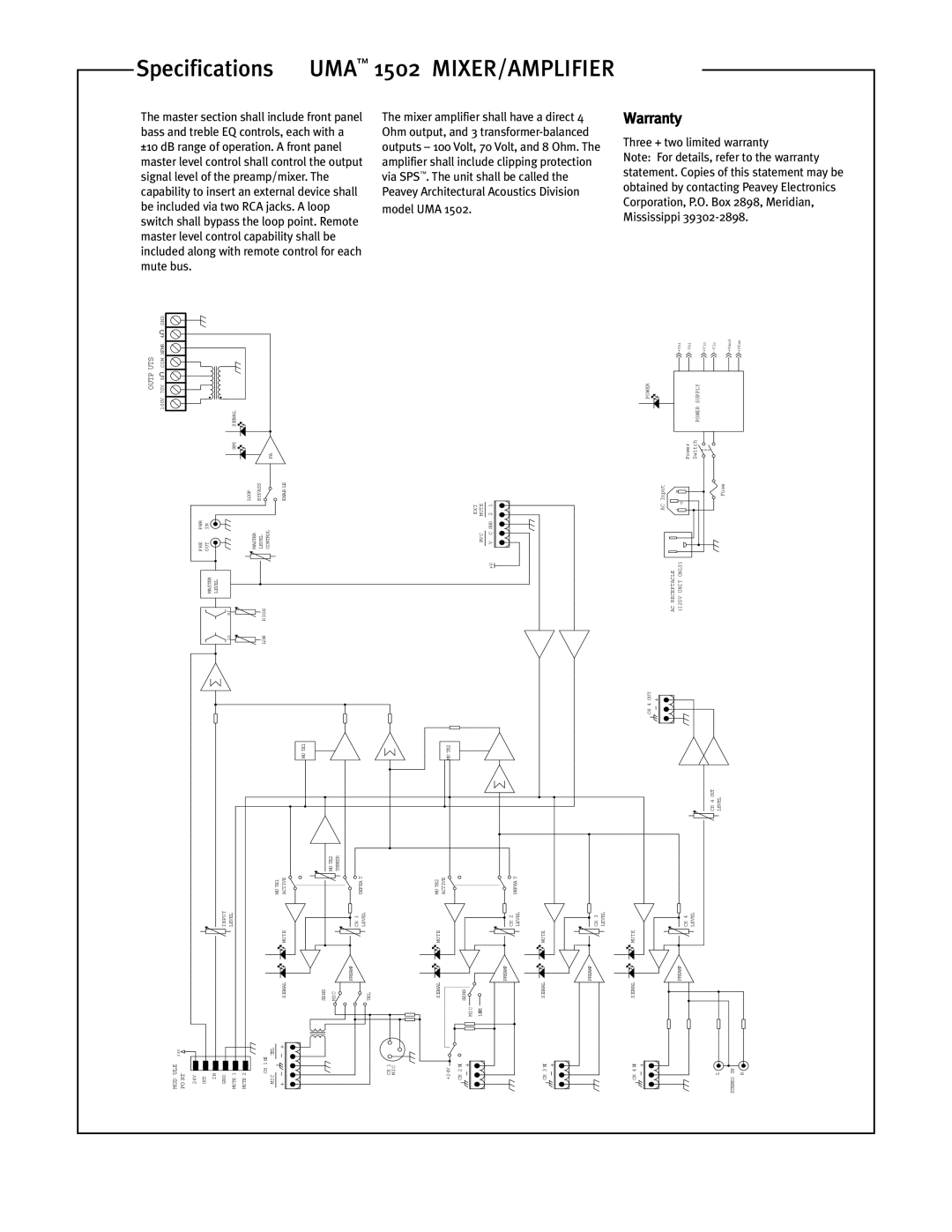 Peavey UMA 1502 specifications Warranty, Three + two limited warranty 