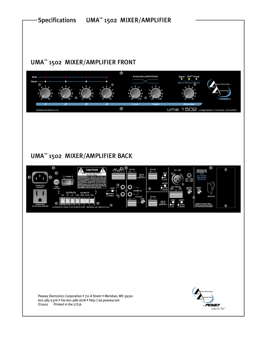 Peavey UMA 1502 specifications MIXER/AMPLIFIER Front 