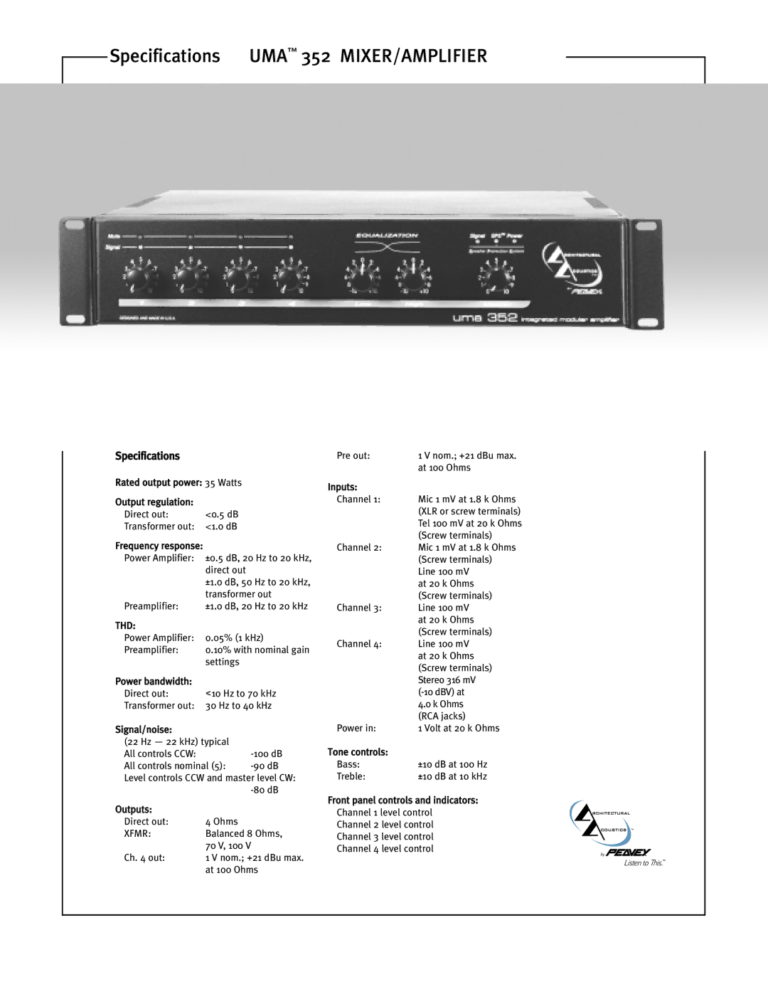 Peavey UMA 352 specifications Thd, Xfmr 