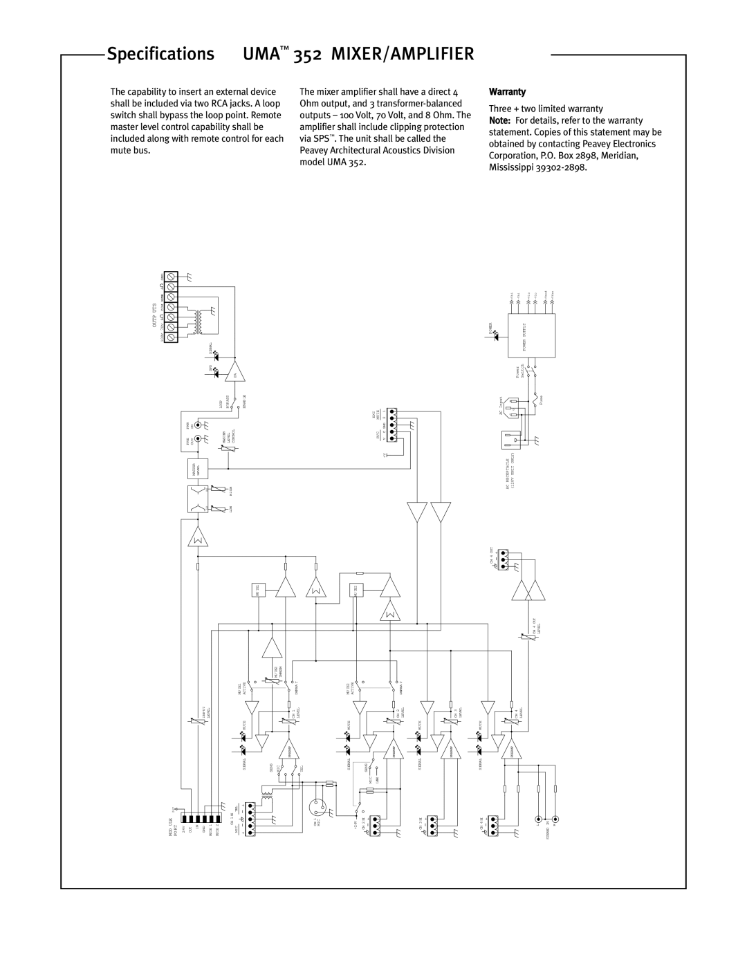 Peavey UMA 352 specifications Warranty Three + two limited warranty 