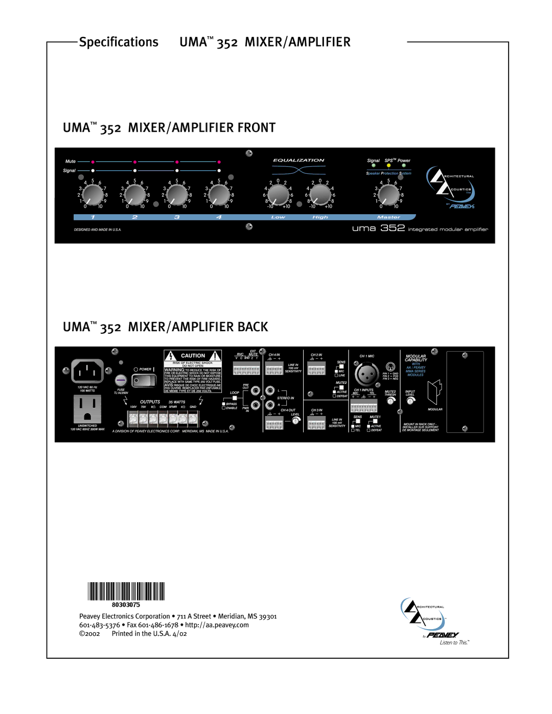 Peavey UMA 352 specifications MIXER/AMPLIFIER Front 