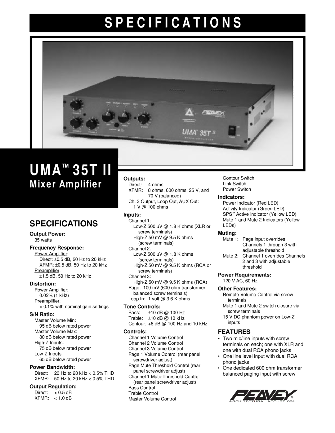 Peavey UMA 35T II specifications Features 