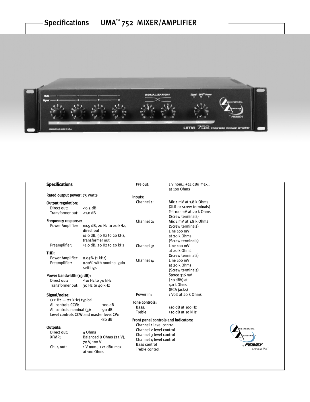 Peavey UMA 752 specifications Thd, Xfmr 