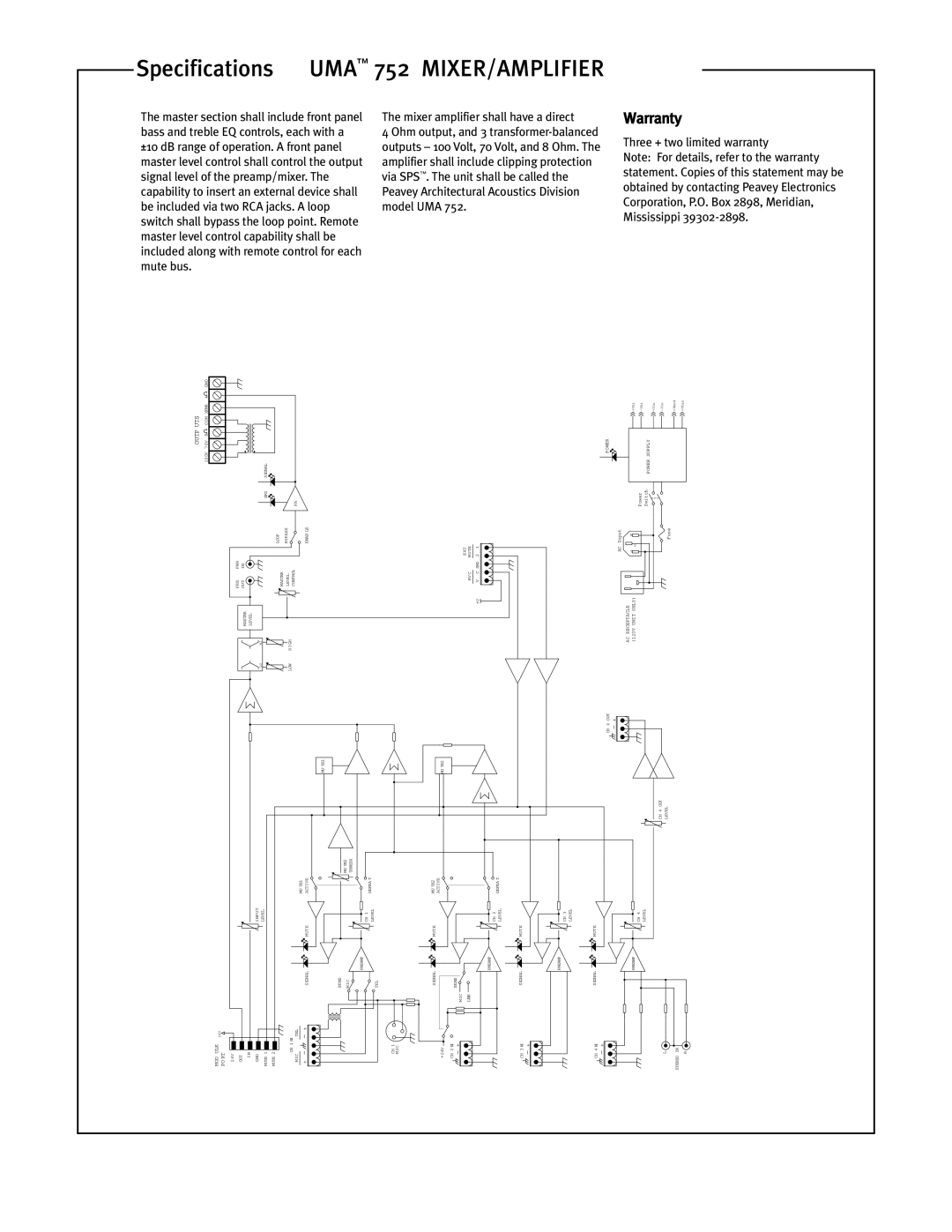 Peavey UMA 752 specifications Warranty, Mute bus 