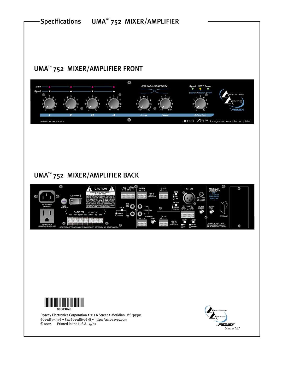 Peavey UMA 752 specifications MIXER/AMPLIFIER Front 