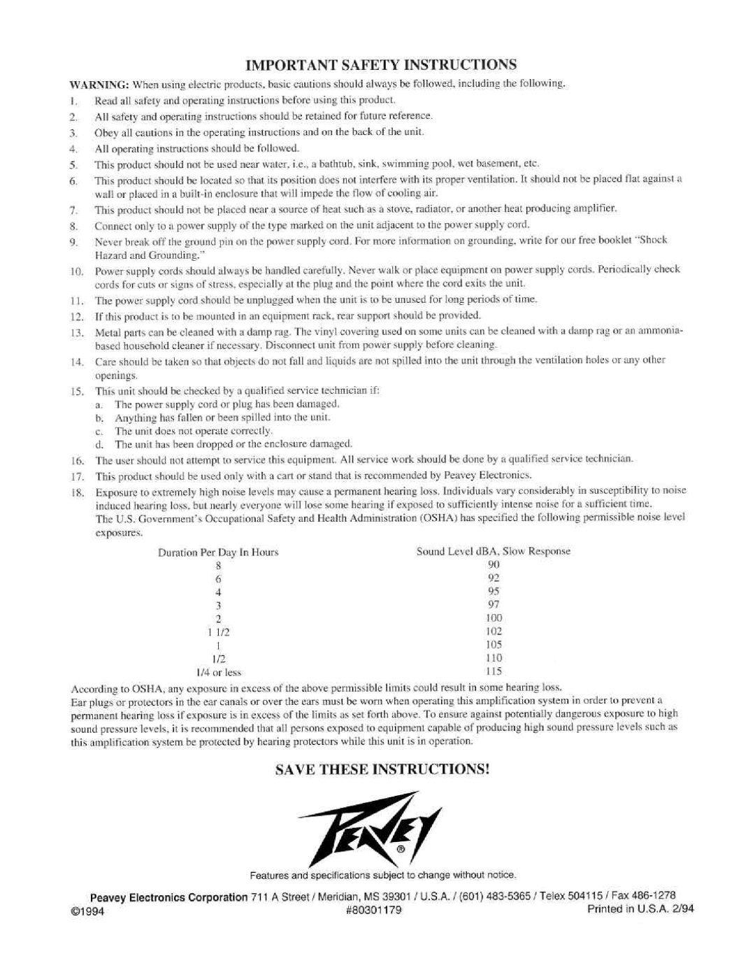 Peavey Unity 1000 manual 