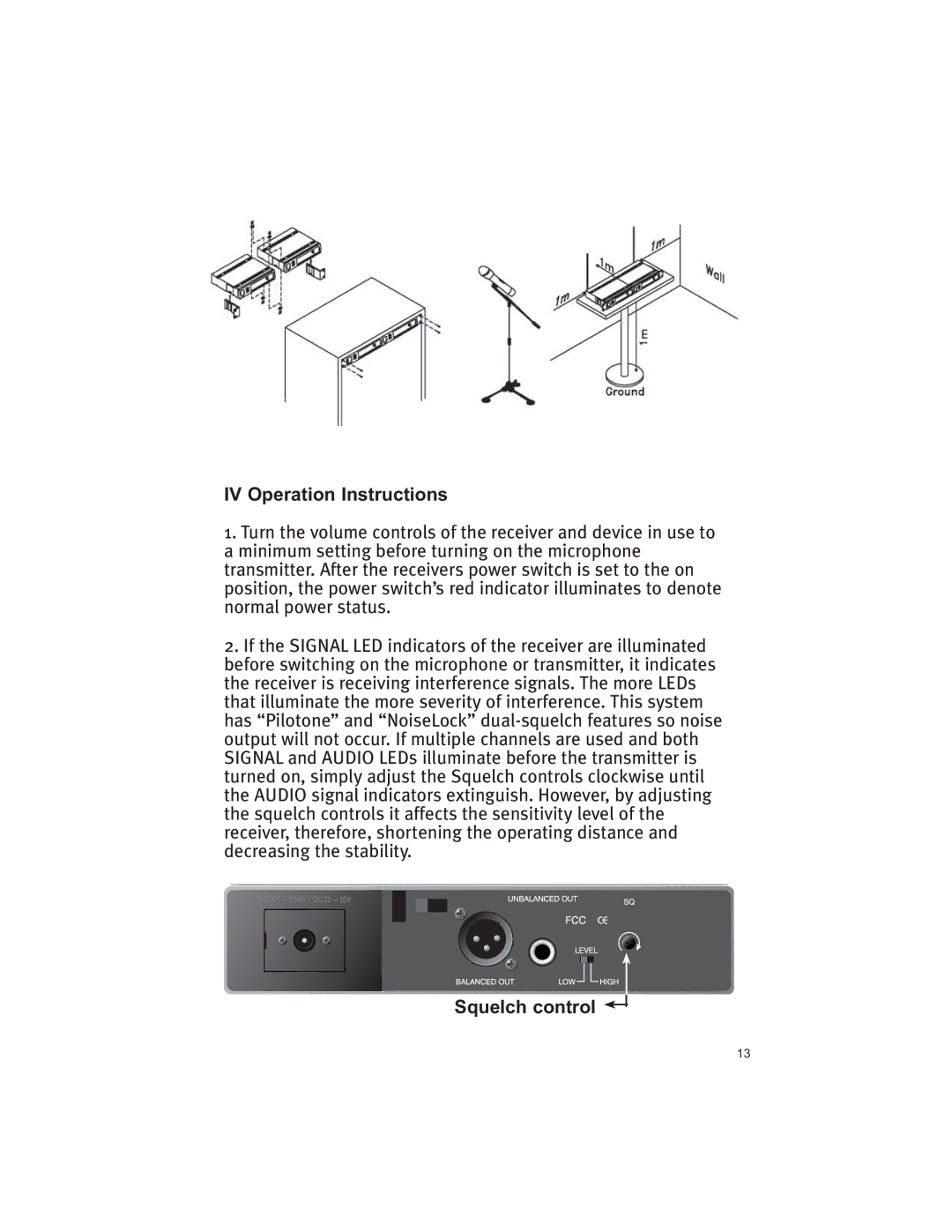 Peavey V12 manual IV Operation Instructions, OpsnbmQpxfsTubuvt, Squelch control 