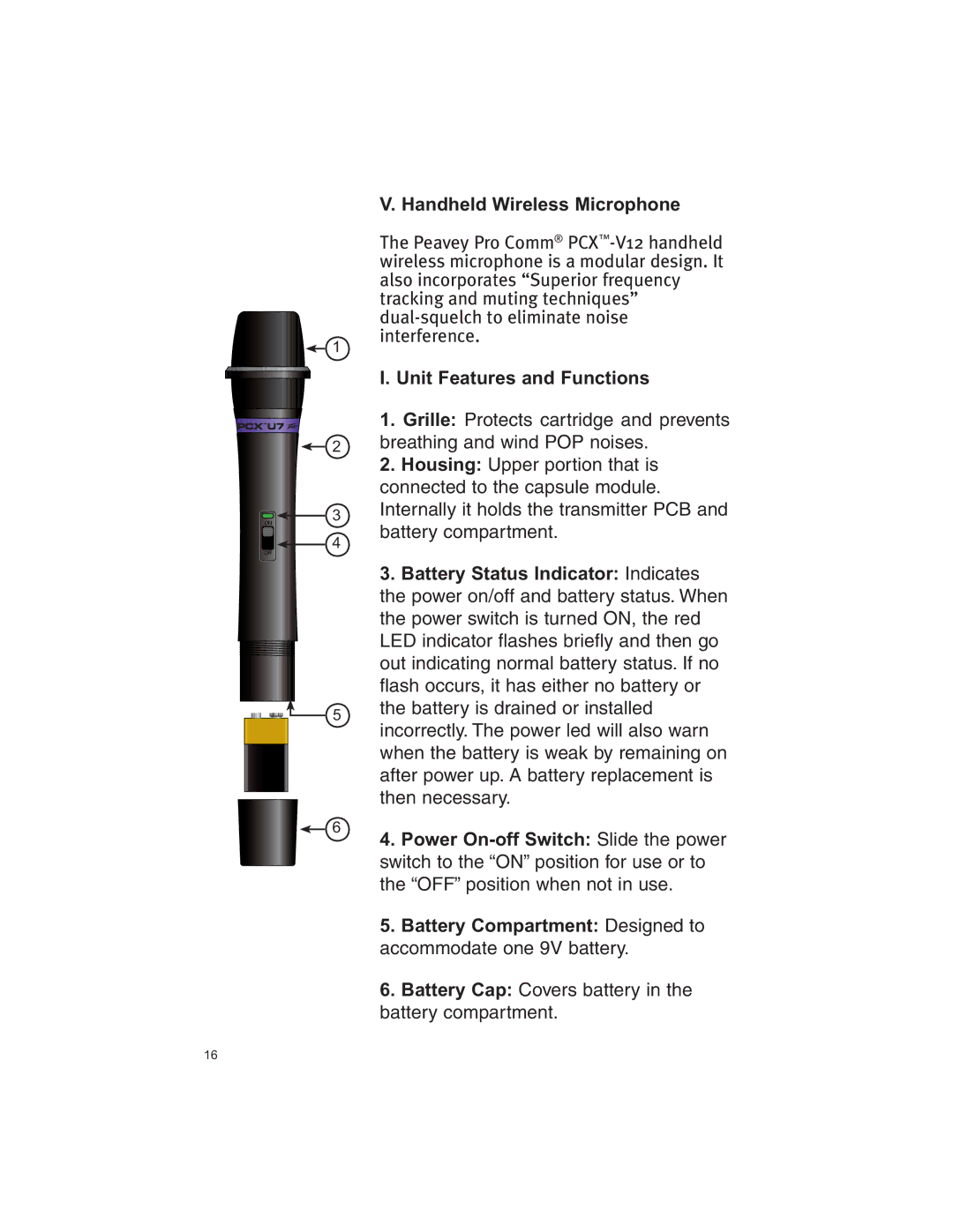 Peavey V12 manual Handheld Wireless Microphone, Unit Features and Functions, Battery Status Indicator Indicates 