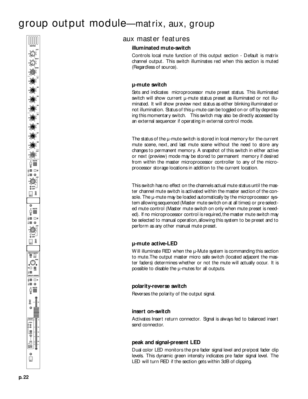 Peavey V12 owner manual Aux master features, Illuminated mute-switch 