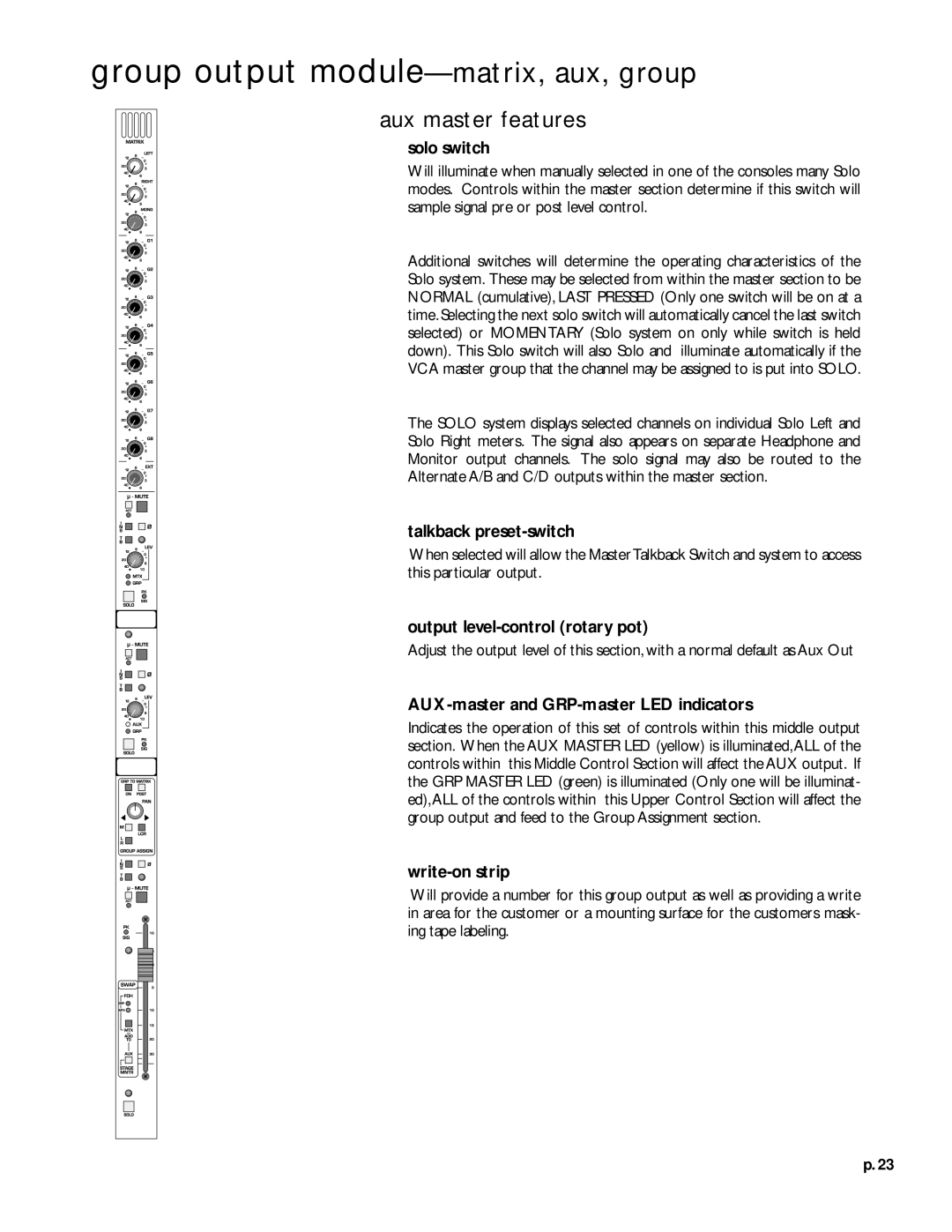 Peavey V12 owner manual Solo switch, AUX-master and GRP-master LED indicators 