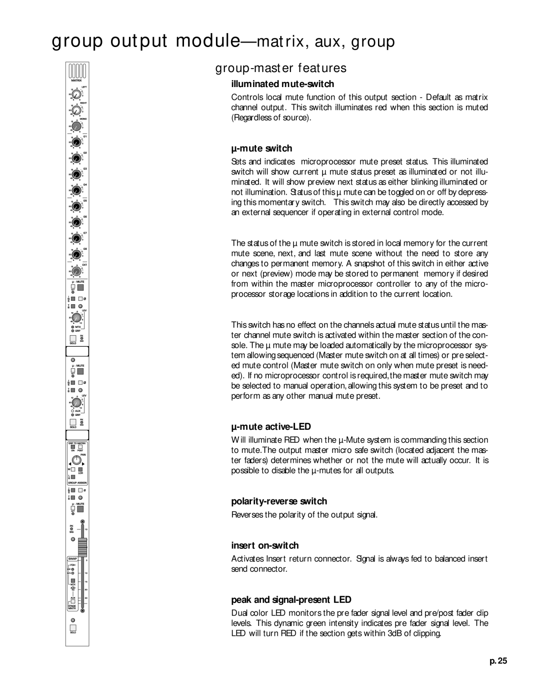 Peavey V12 owner manual Group-master features, Illuminated mute-switch 