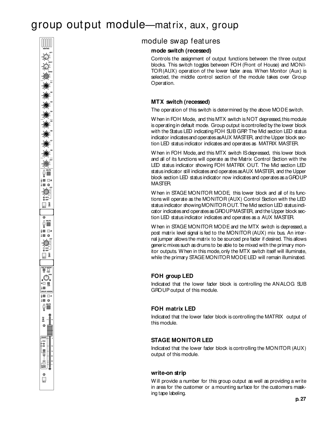 Peavey V12 owner manual Module swap features, Mode switch recessed, MTX switch recessed, FOH group LED, FOH matrix LED 