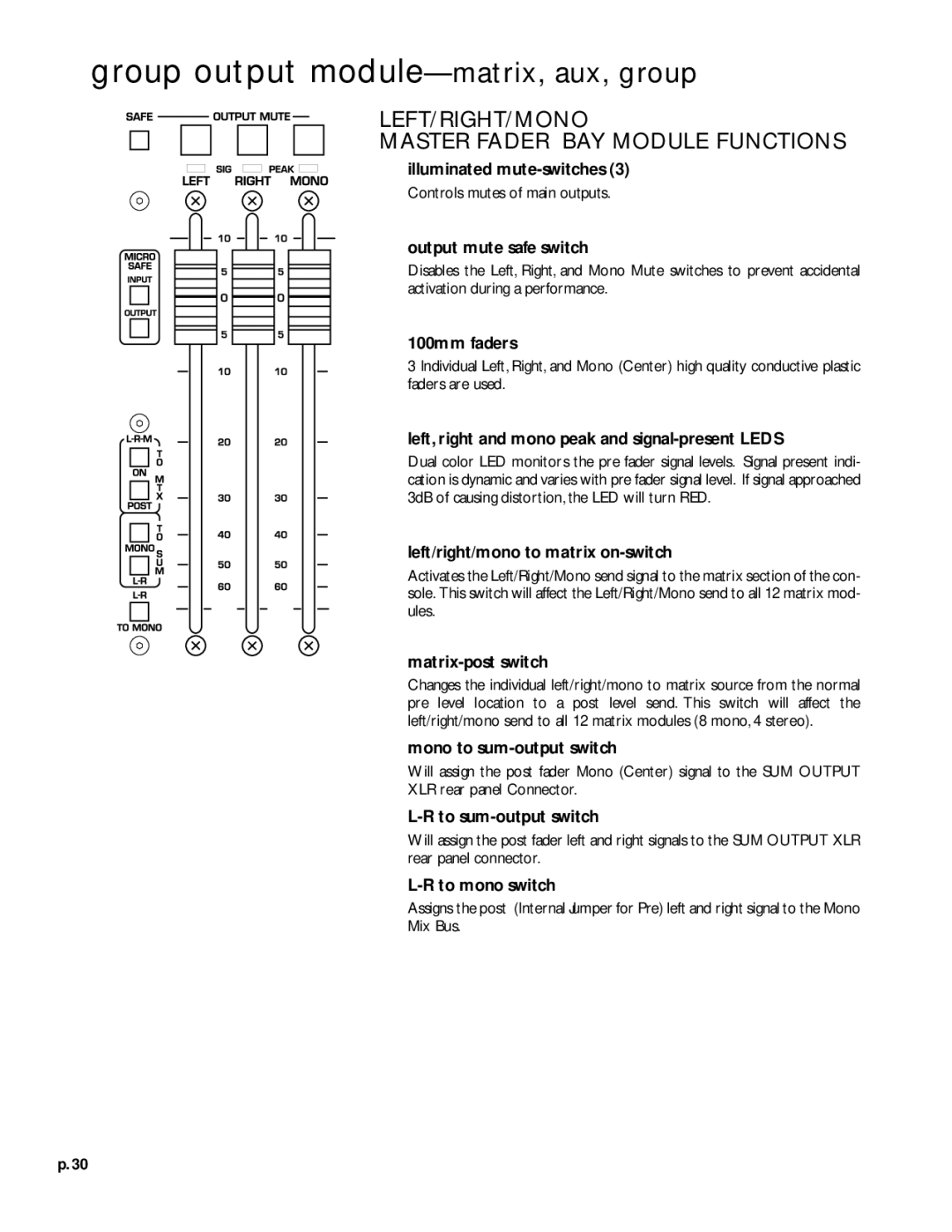 Peavey V12 Output mute safe switch, Left, right and mono peak and signal-present Leds, Left/right/mono to matrix on-switch 