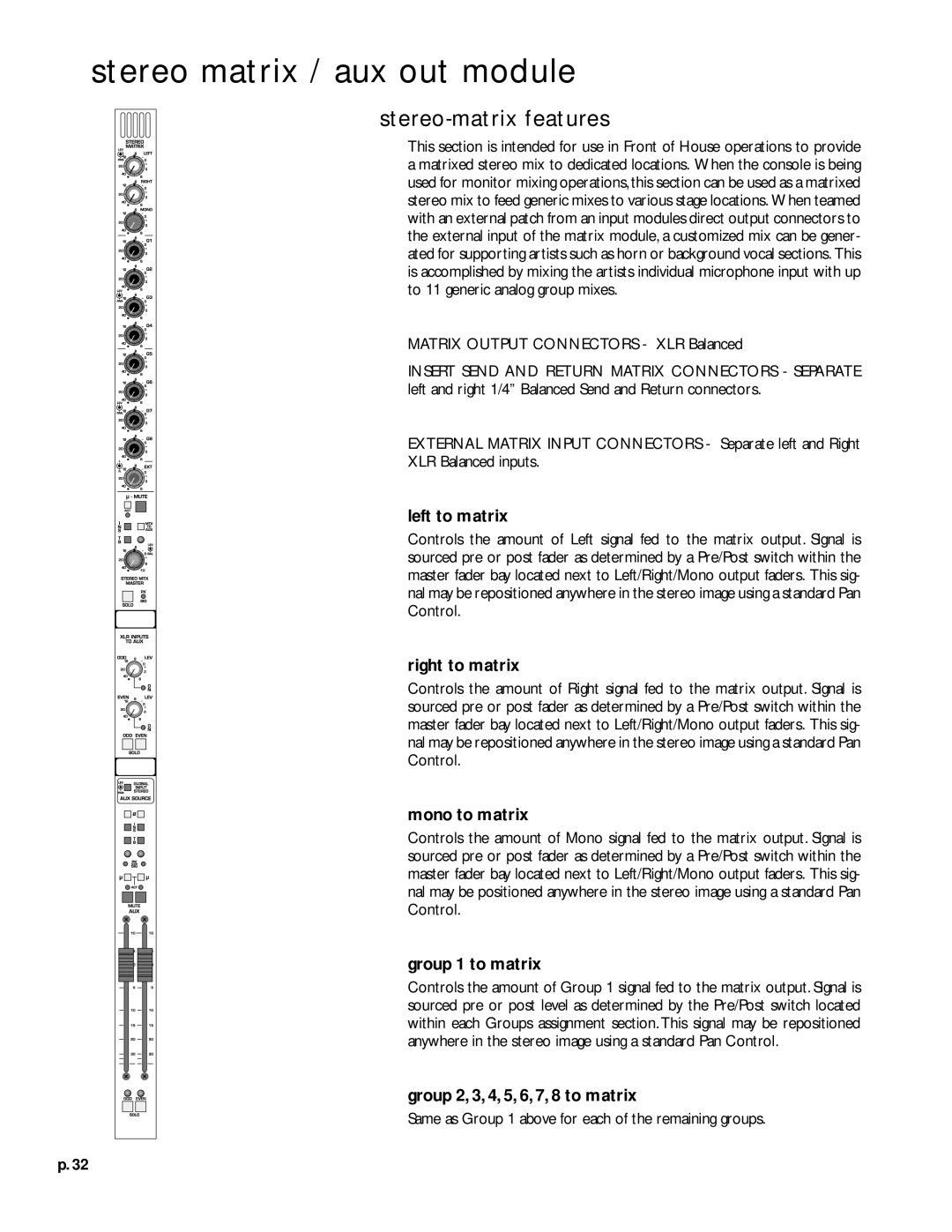 Peavey V12 owner manual Stereo matrix / aux out module, Stereo-matrix features 