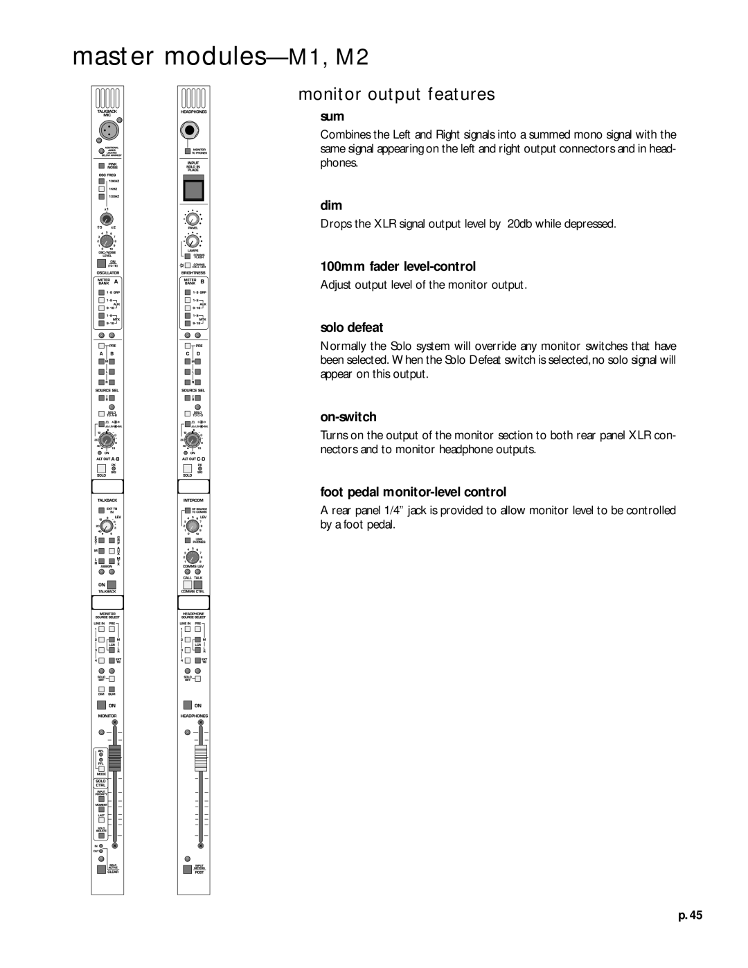 Peavey V12 owner manual Sum, Dim, 100mm fader level-control, Solo defeat, On-switch, Foot pedal monitor-level control 