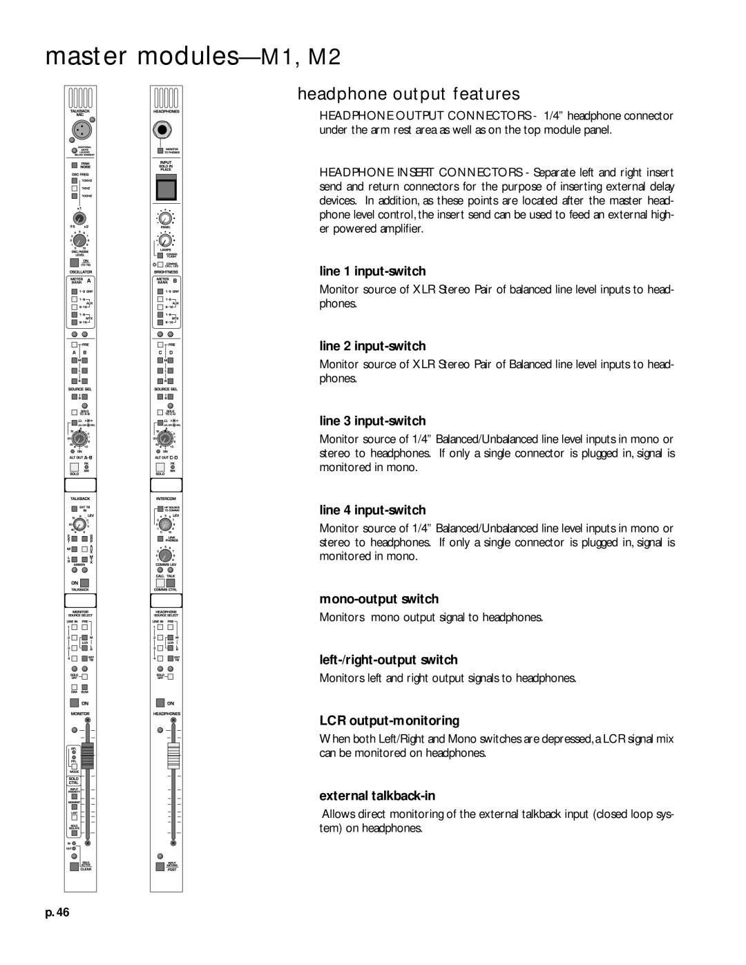 Peavey V12 owner manual Headphone output features, Left-/right-output switch, LCR output-monitoring 