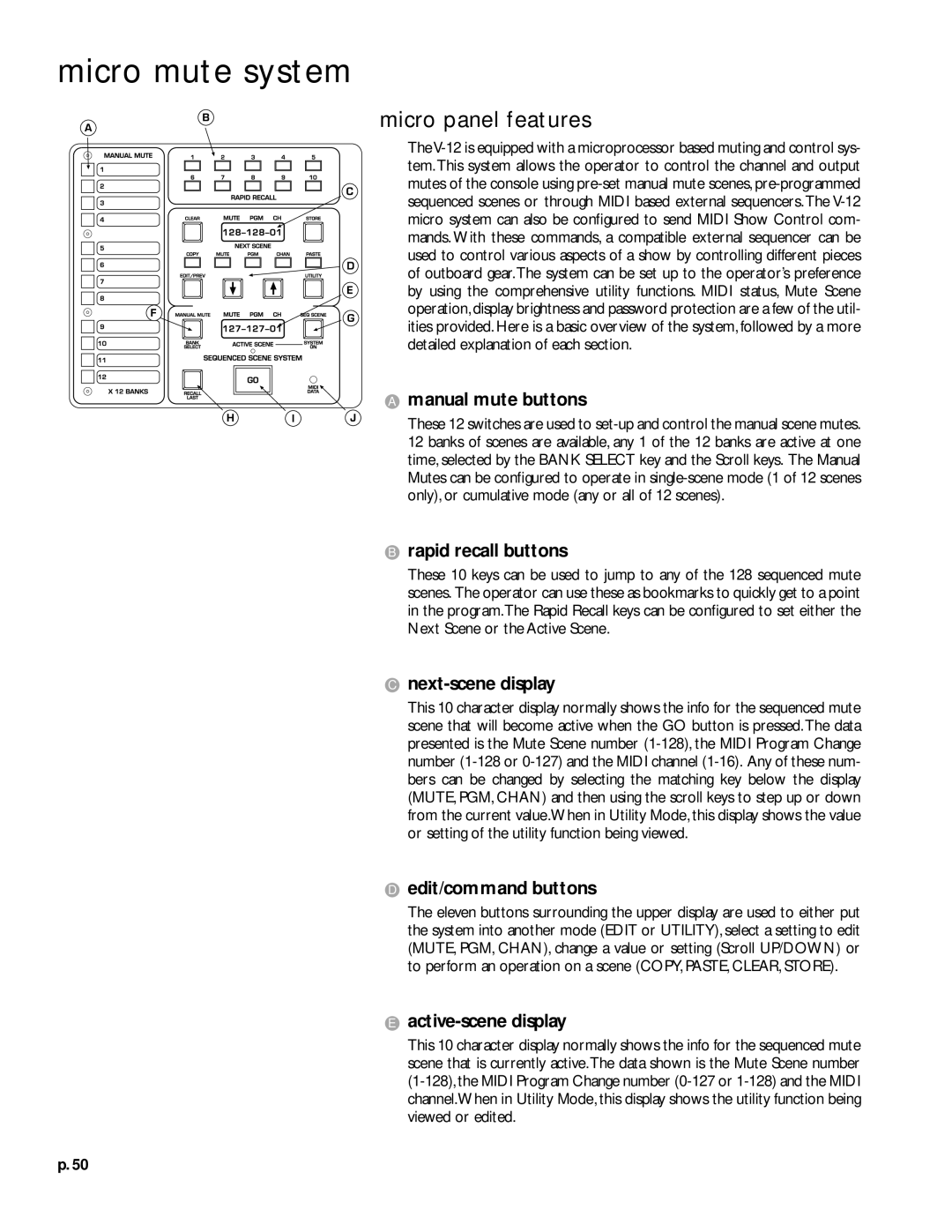 Peavey V12 owner manual Micro mute system, Micro panel features 