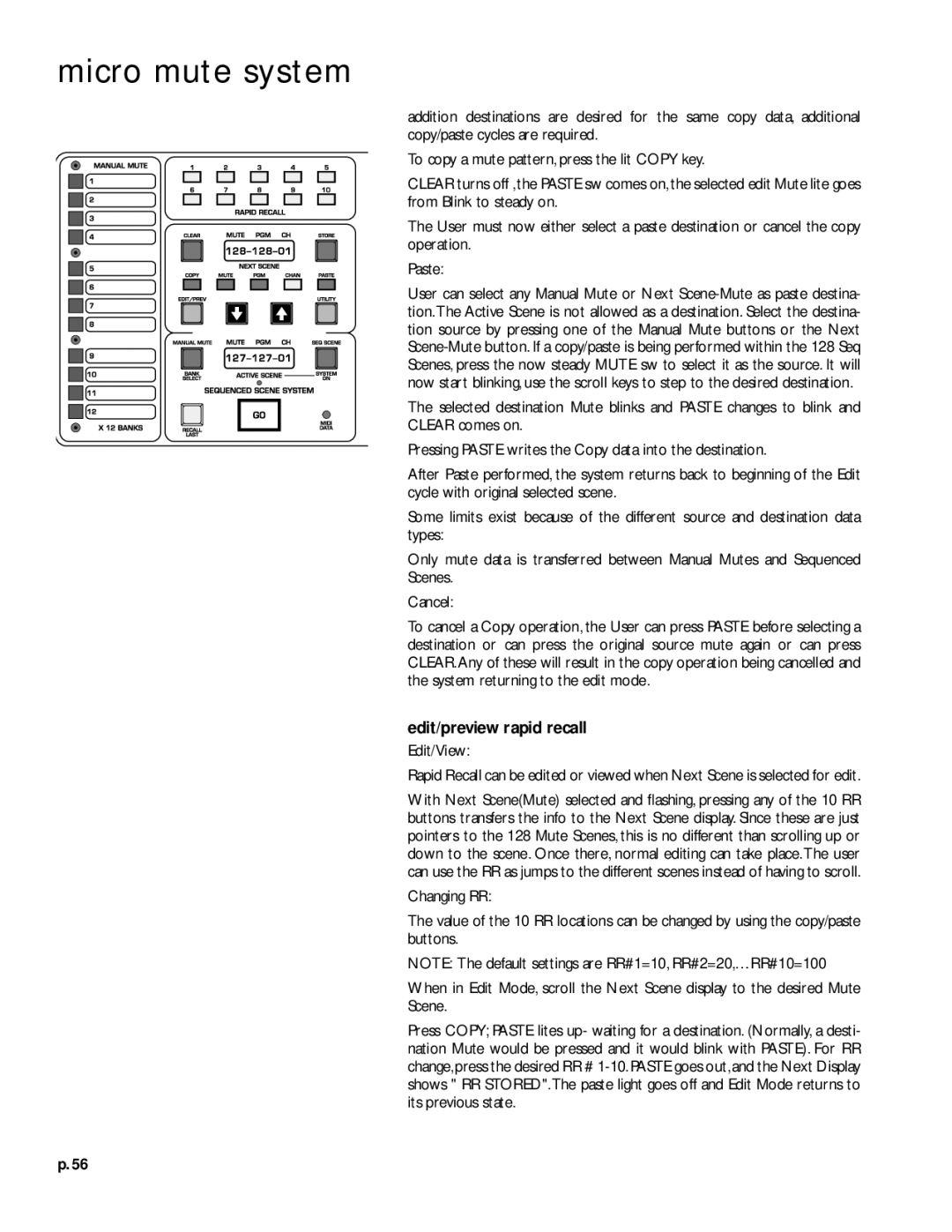 Peavey V12 owner manual Edit/preview rapid recall, Edit/View 