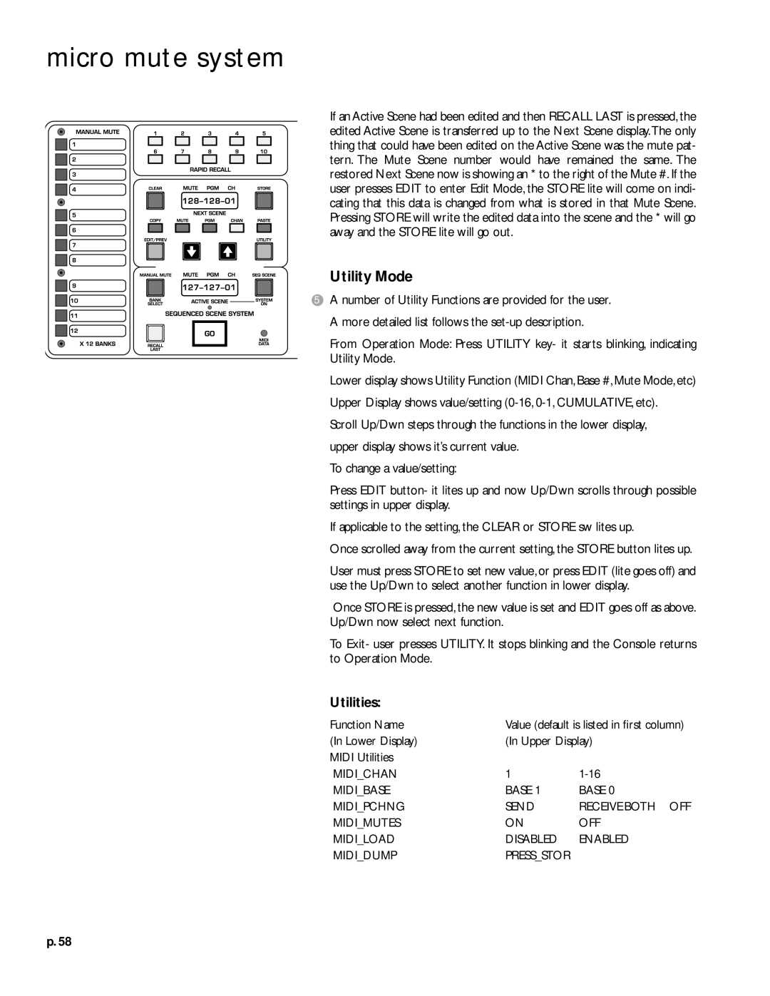 Peavey V12 owner manual Utility Mode, Utilities 