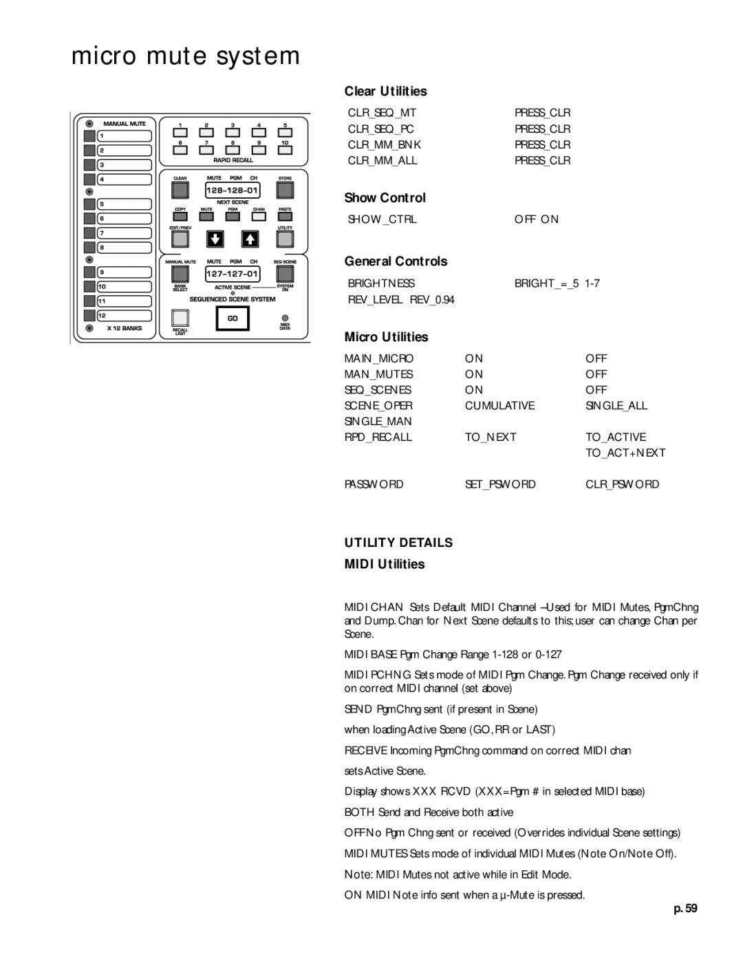 Peavey V12 owner manual Clear Utilities, Show Control, General Controls, Micro Utilities, Midi Utilities 