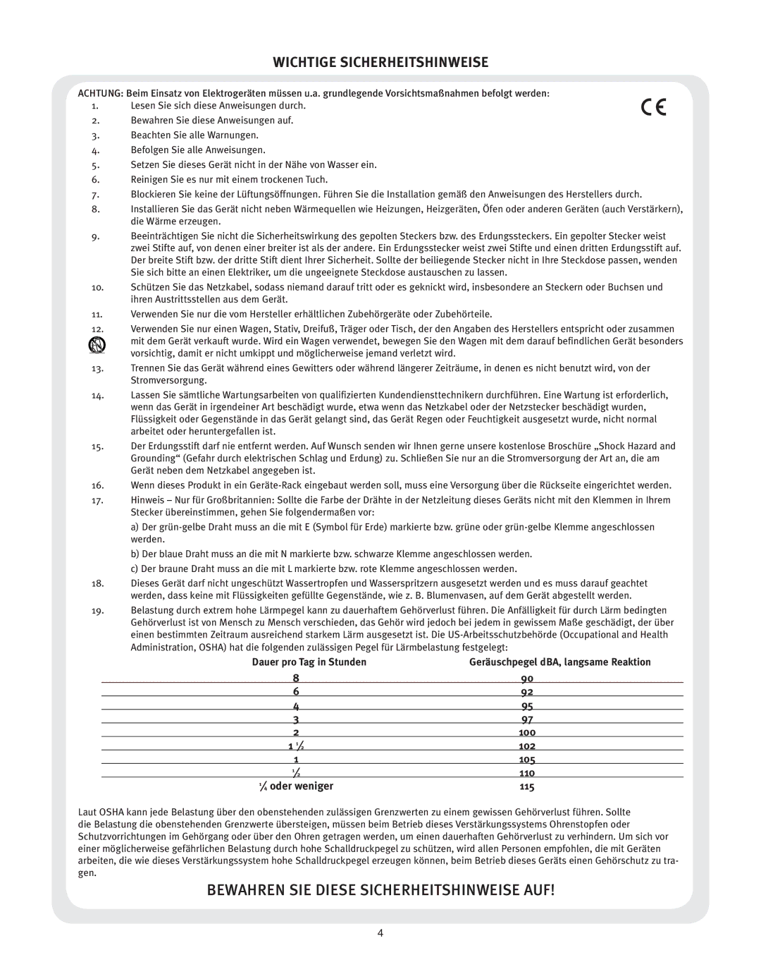 Peavey V2 manual Wichtige Sicherheitshinweise, ⁄ 4 oder weniger 