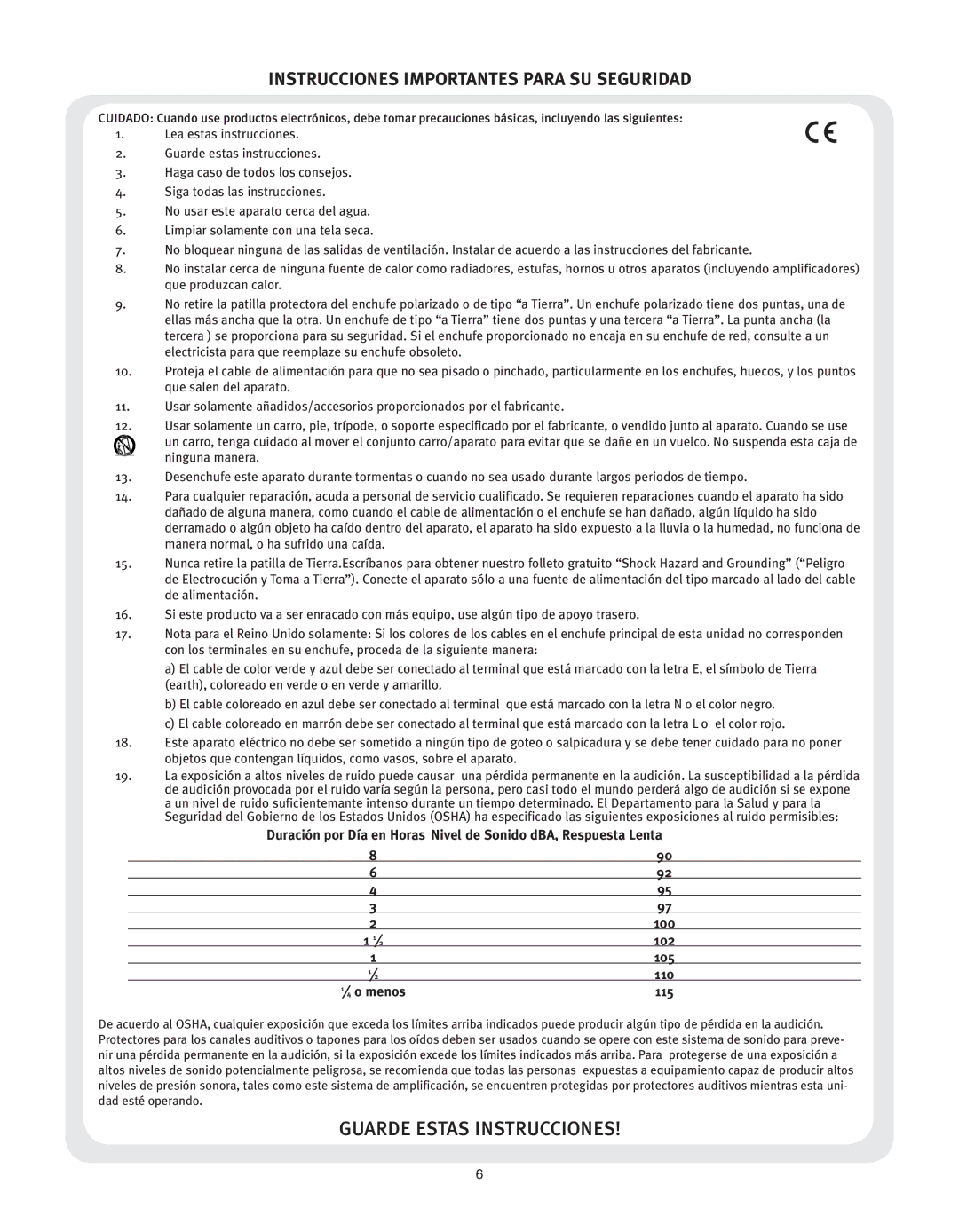 Peavey V2 manual Instrucciones Importantes Para SU Seguridad, ⁄ 4 o menos 