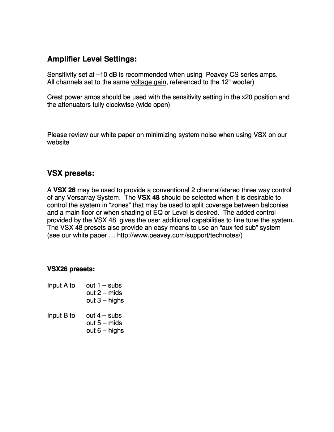 Peavey 48, VR112, VSX 26 manual Amplifier Level Settings, VSX presets, VSX26 presets 