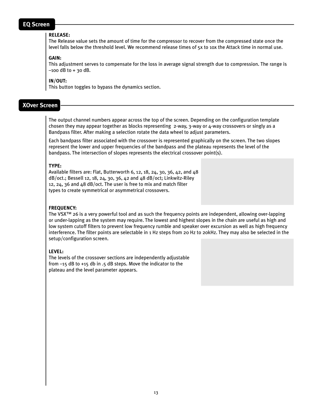Peavey VSX 26 manual XOver Screen, Release, Gain, In/Out, This button toggles to bypass the dynamics section 