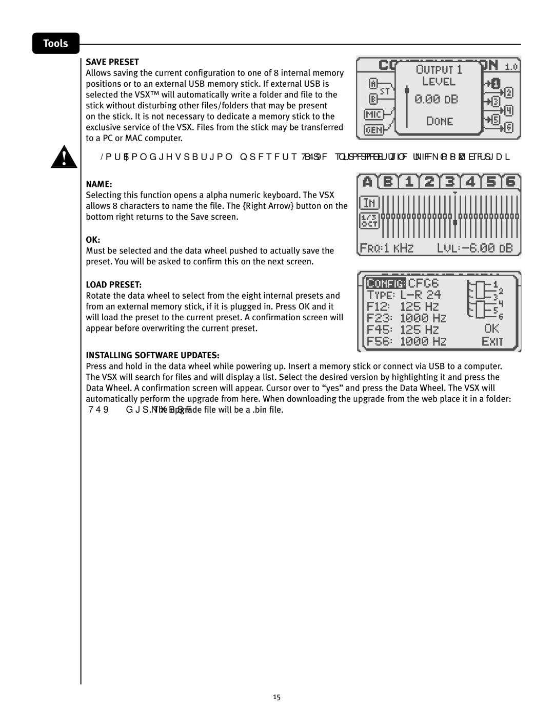 Peavey VSX 26 manual Tools, Save Preset, Name, Load Preset, Installing software updates 