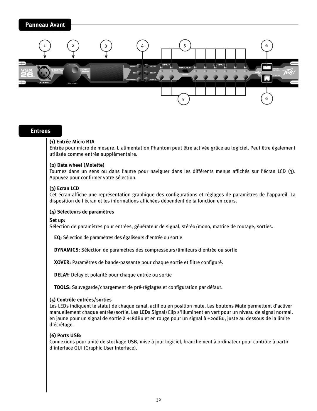 Peavey VSX 26 manual Panneau Avant Entrees 