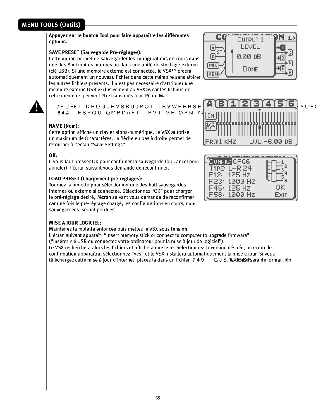 Peavey VSX 26 manual Menu Tools Outils, Name Nom, Load Preset Chargement pré-réglages, Mise a Jour Logiciel 