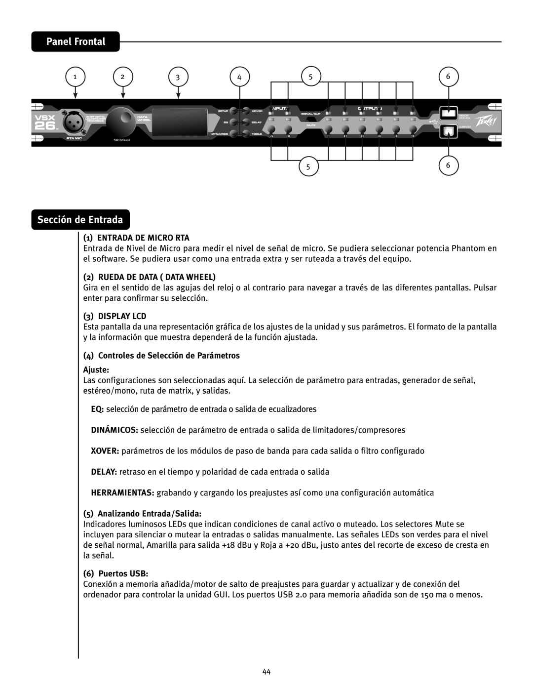 Peavey VSX 26 manual Panel Frontal Sección de Entrada, Entrada DE Micro RTA, Rueda DE Data Data Wheel, Display LCD 