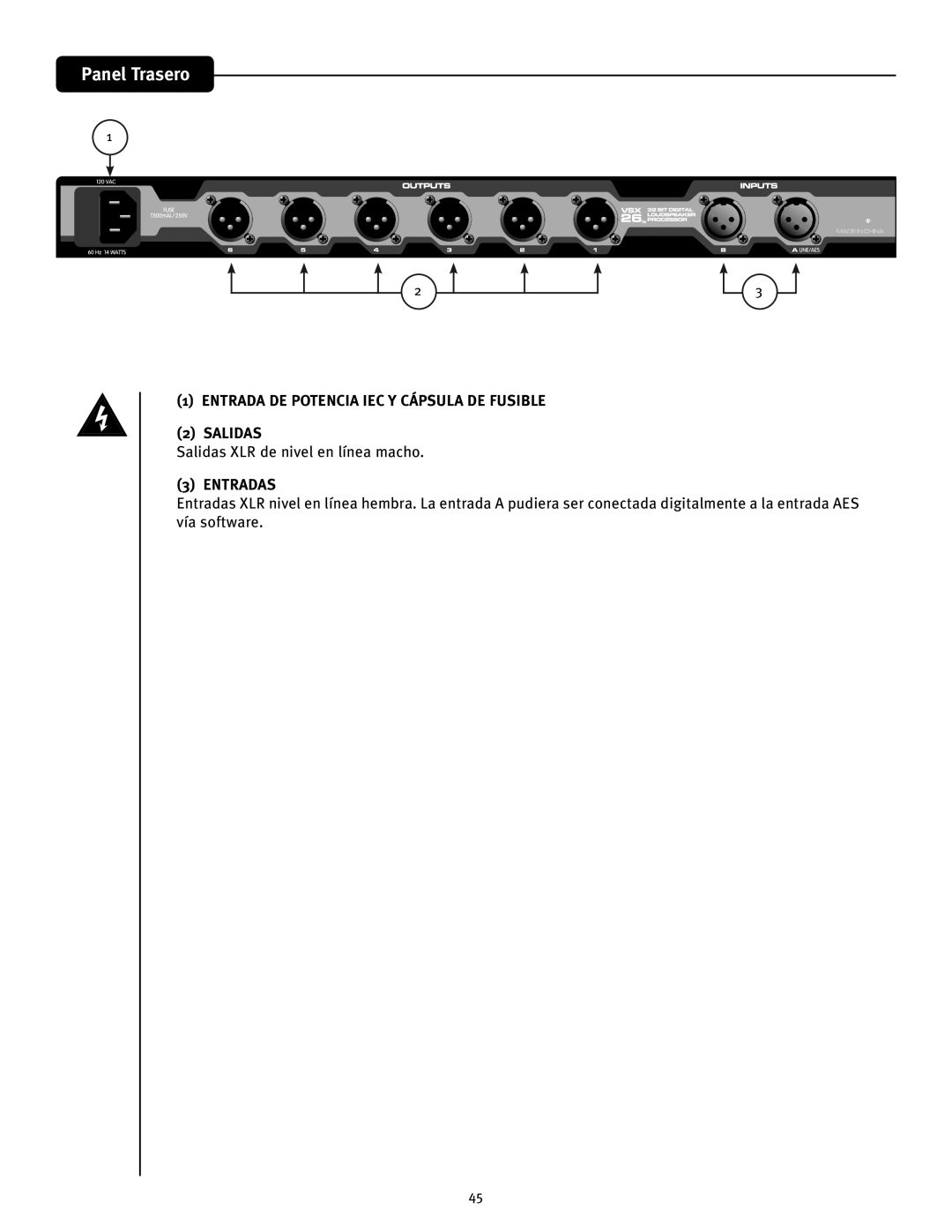 Peavey VSX 26 Panel Trasero, Entrada DE Potencia IEC Y Cápsula DE Fusible Salidas, Salidas XLR de nivel en línea macho 